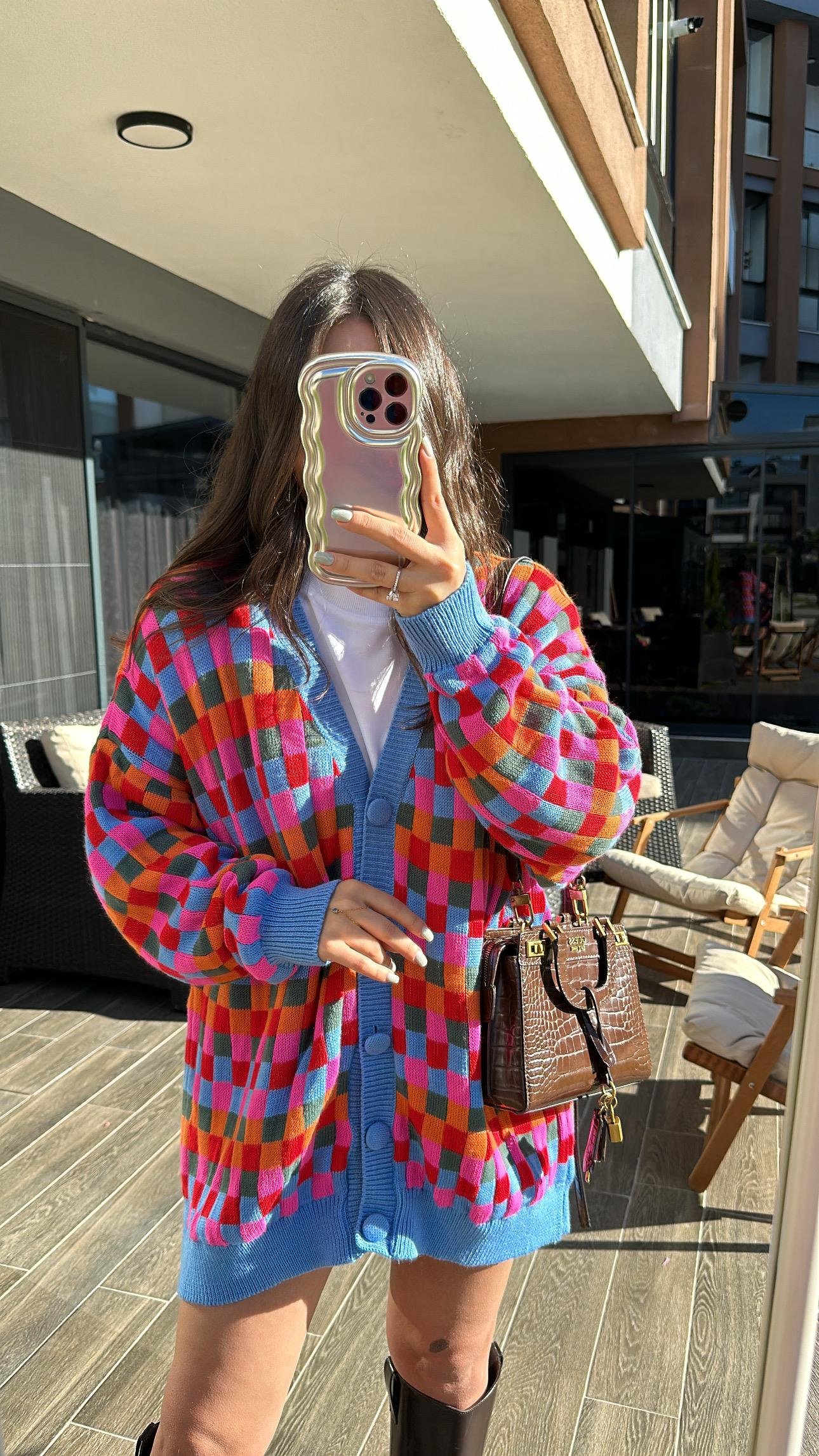 Mavi Renkli Kareli Düğmeli Hırka 