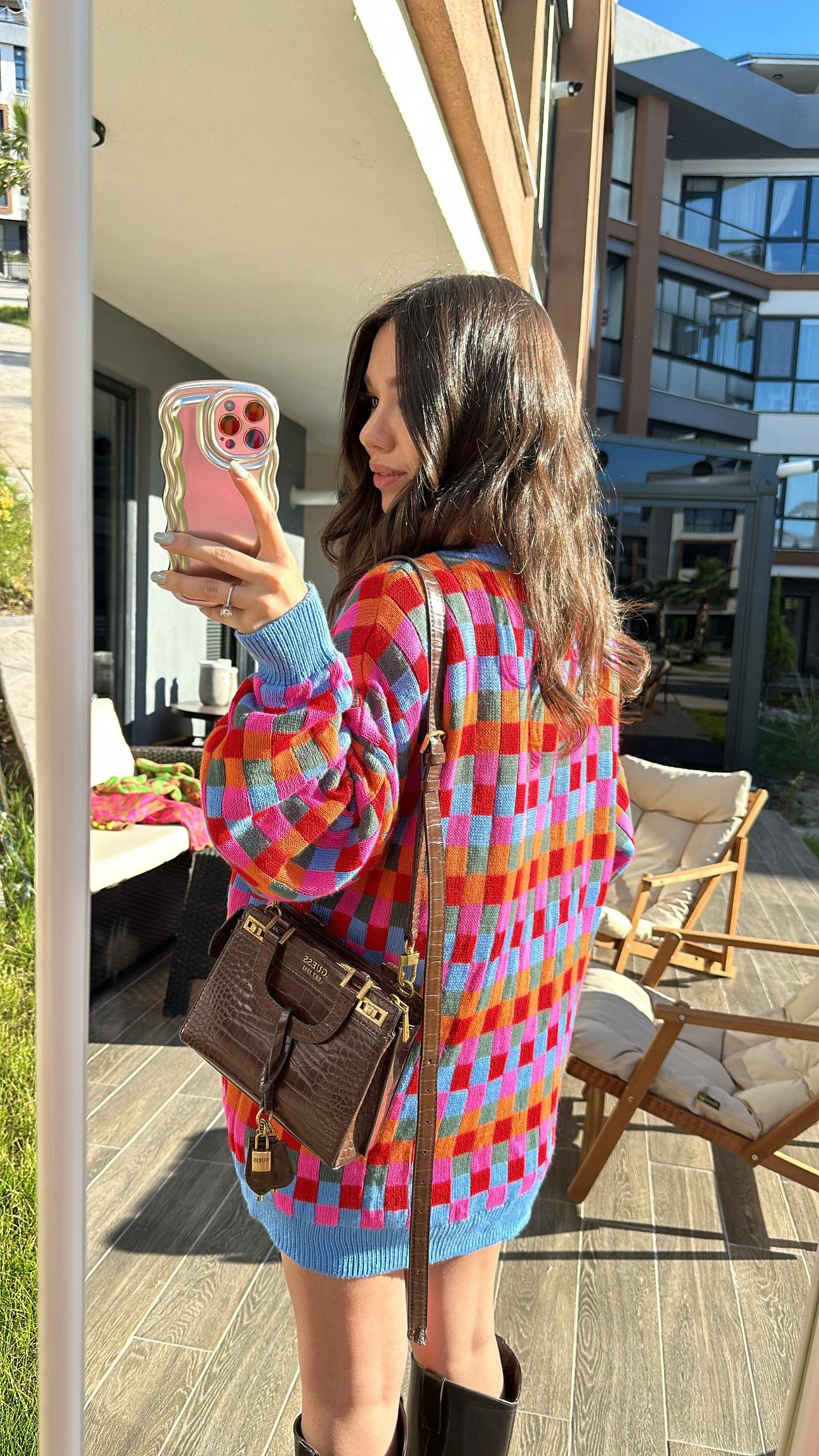 Mavi Renkli Kareli Düğmeli Hırka 