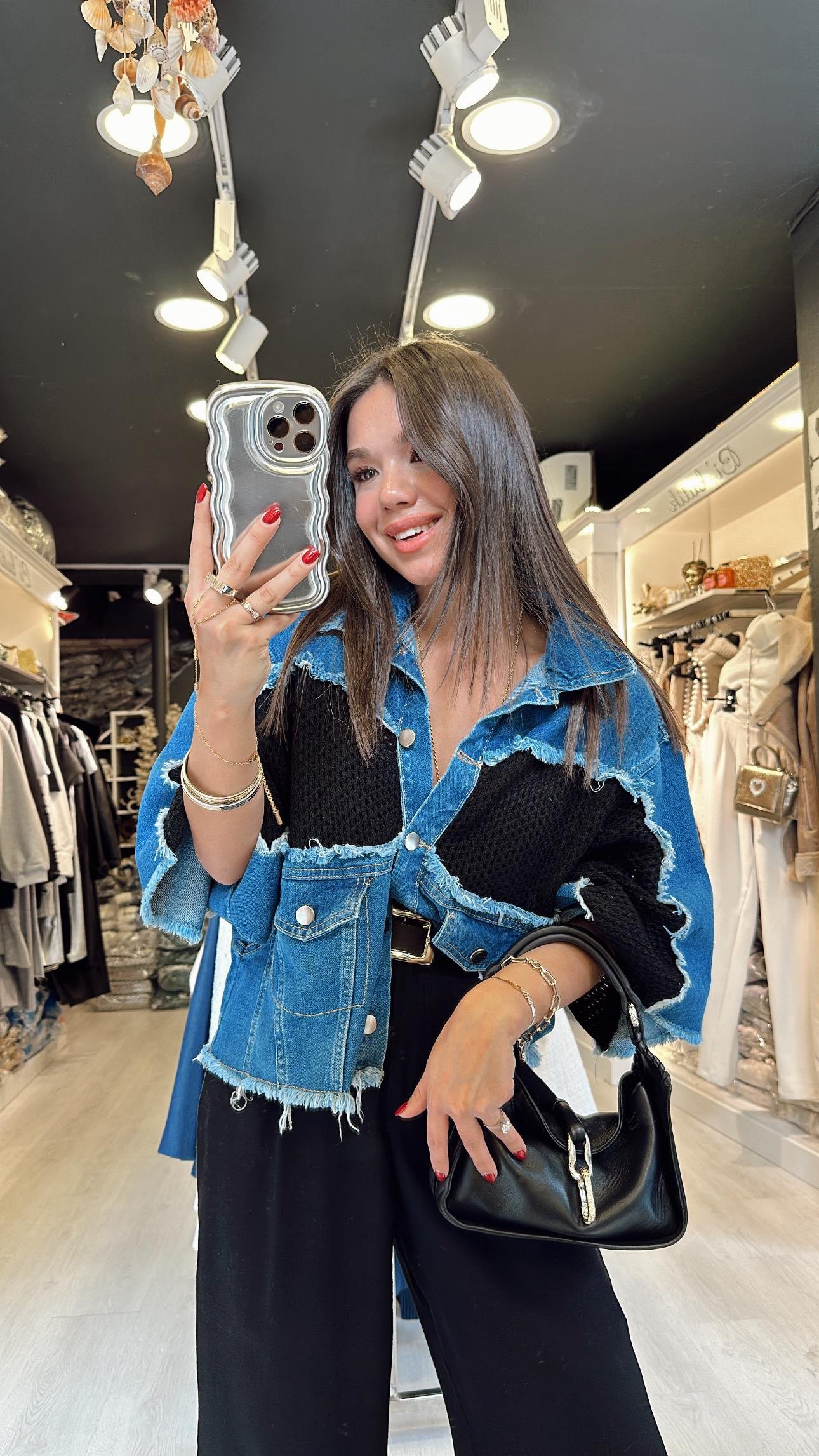 Mavi Siyah Triko Detaylı Jean Ceket