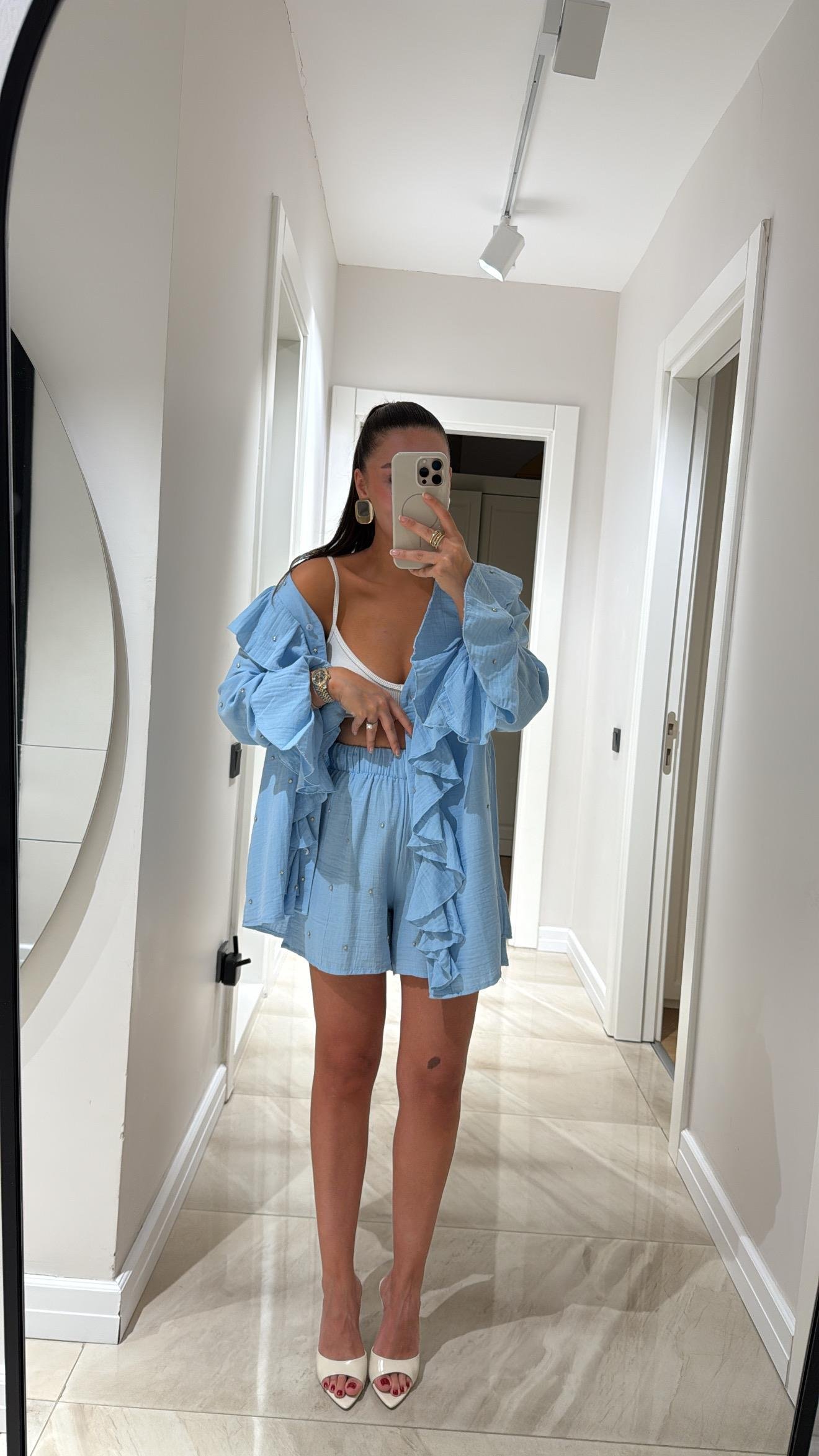 Mavi Taş Detaylı Müslin Kumaş Şort Takım