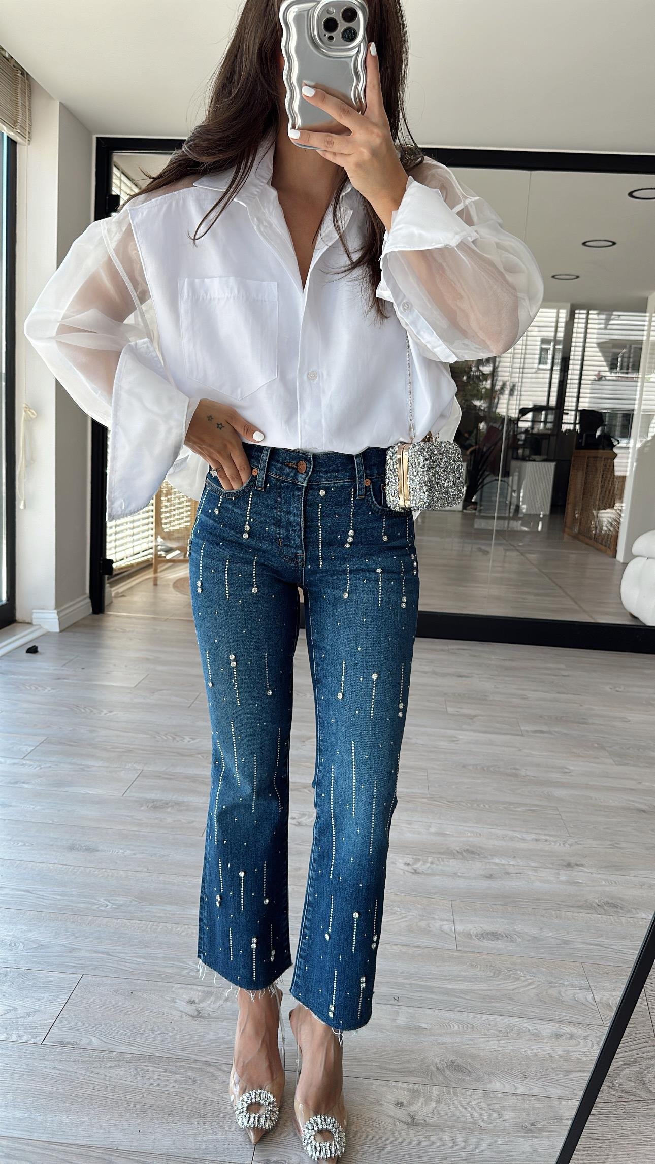 Mavi Taşlı Midi İspanyol Paça Jean 