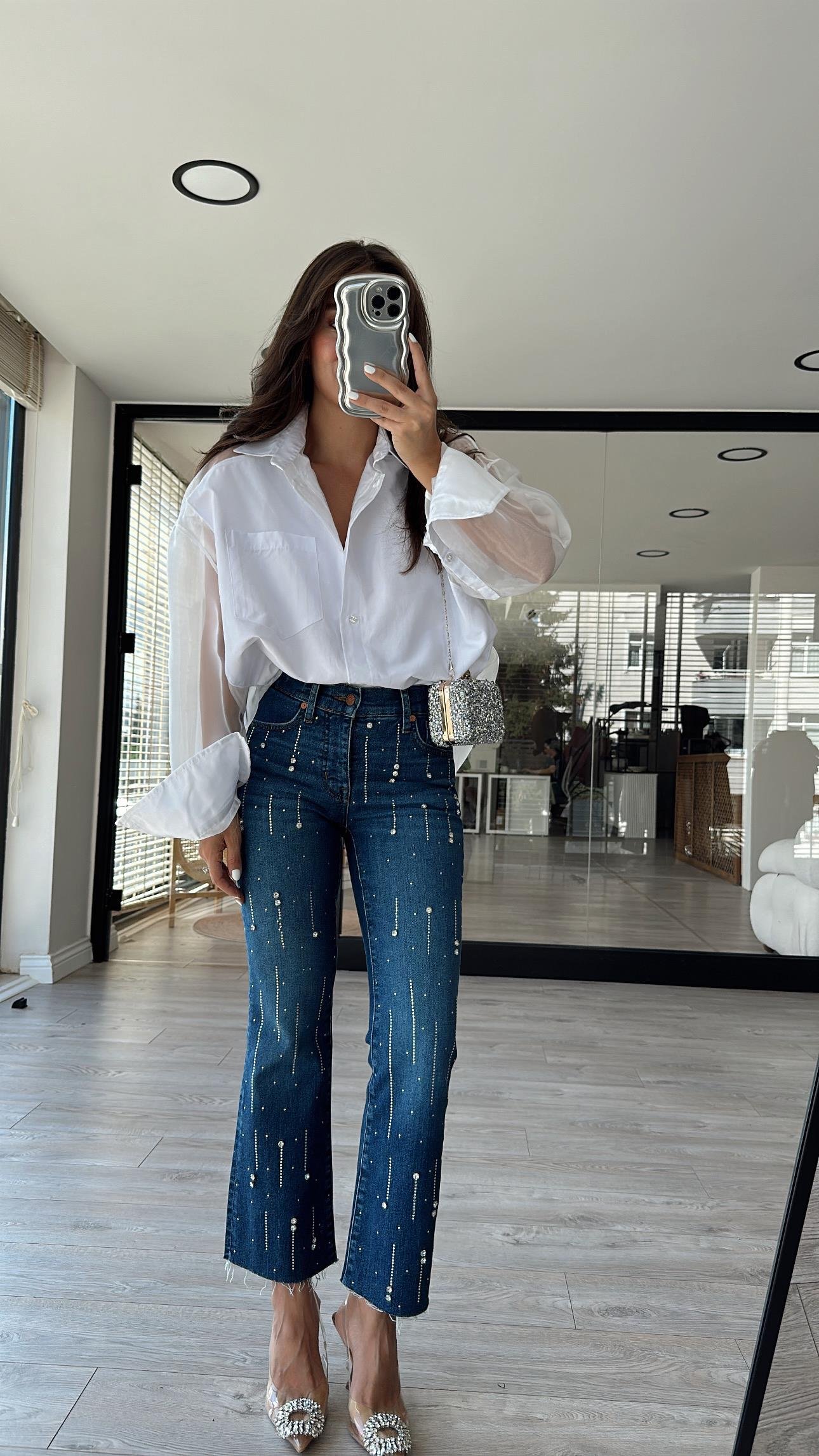 Mavi Taşlı Midi İspanyol Paça Jean 