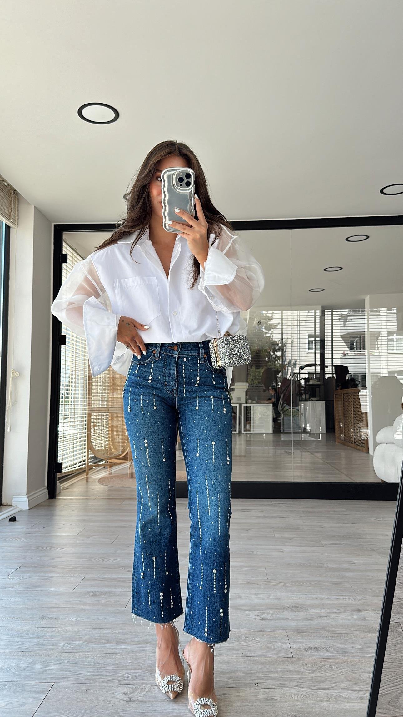 Mavi Taşlı Midi İspanyol Paça Jean 