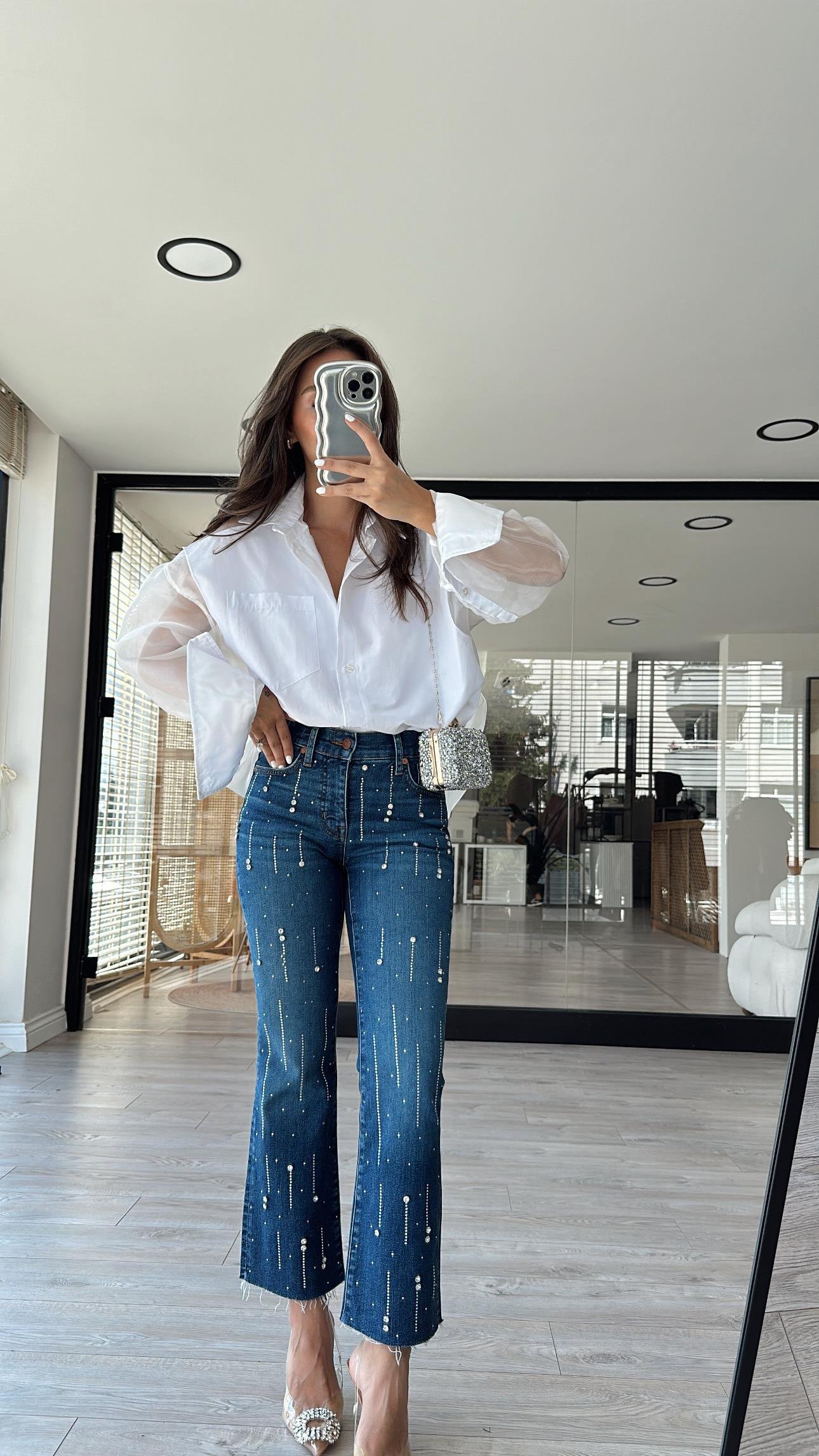 Mavi Taşlı Midi İspanyol Paça Jean 