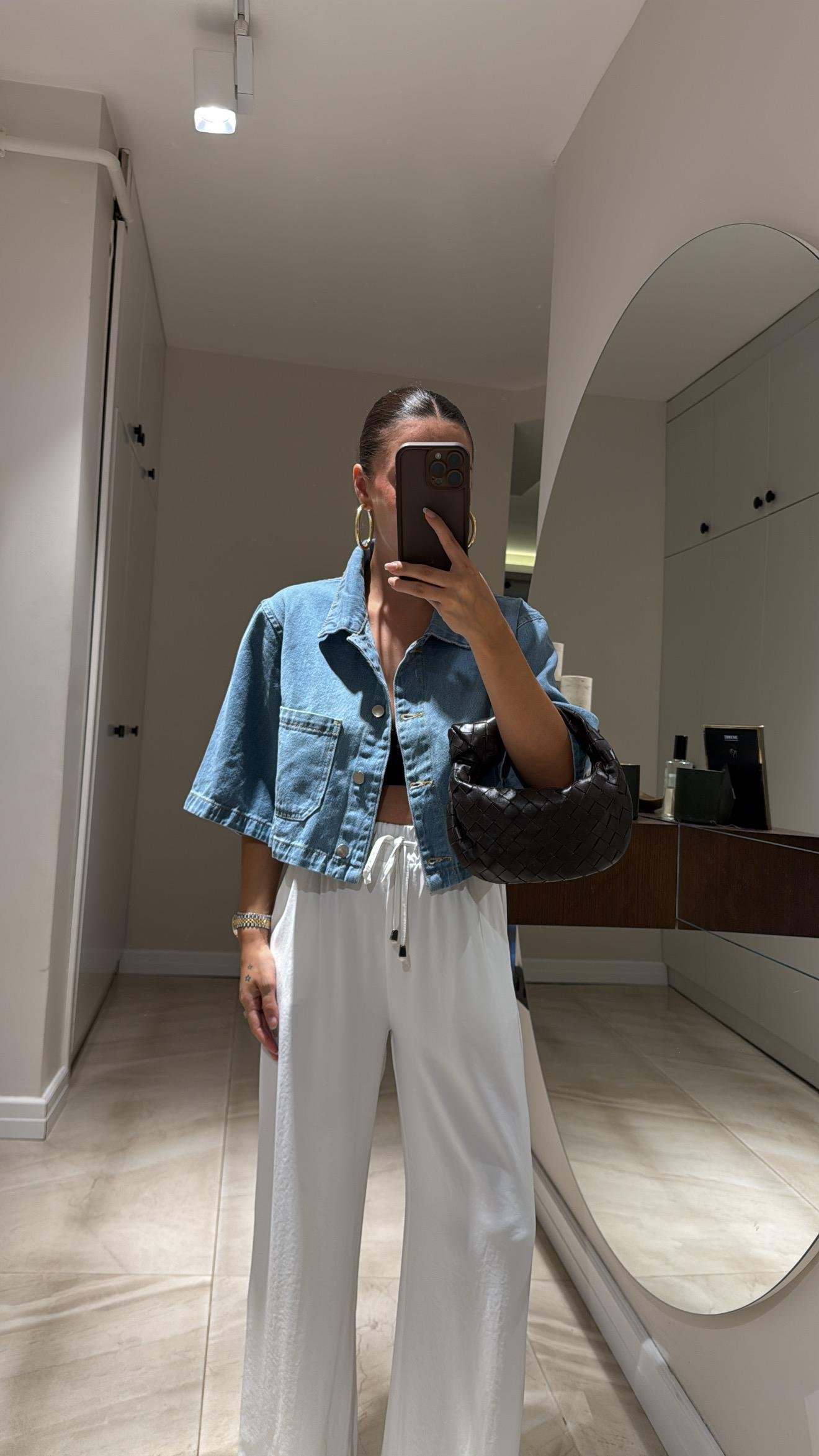 Mavi Tek Cepli Crop Jean Gömlek