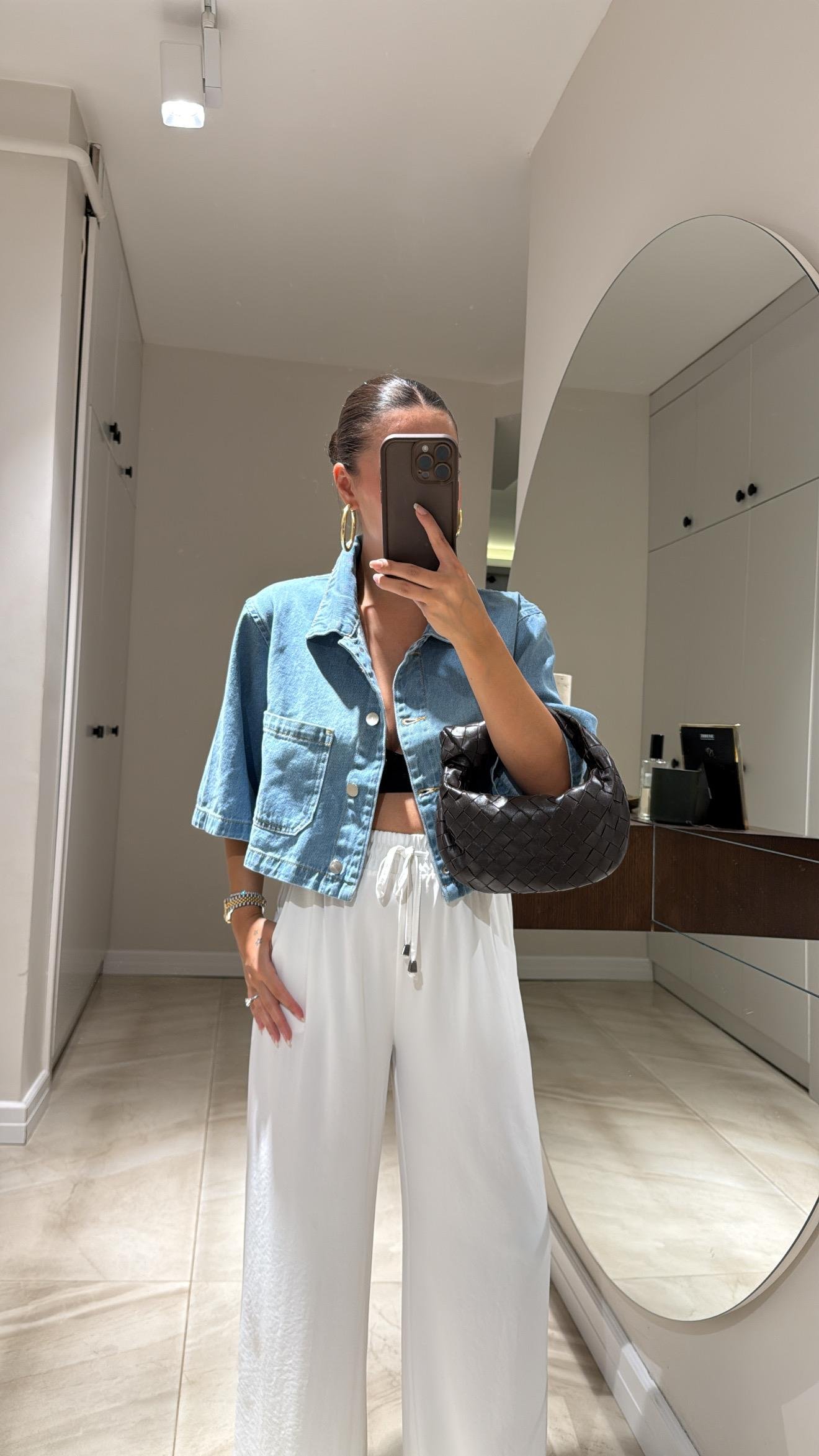 Mavi Tek Cepli Crop Jean Gömlek