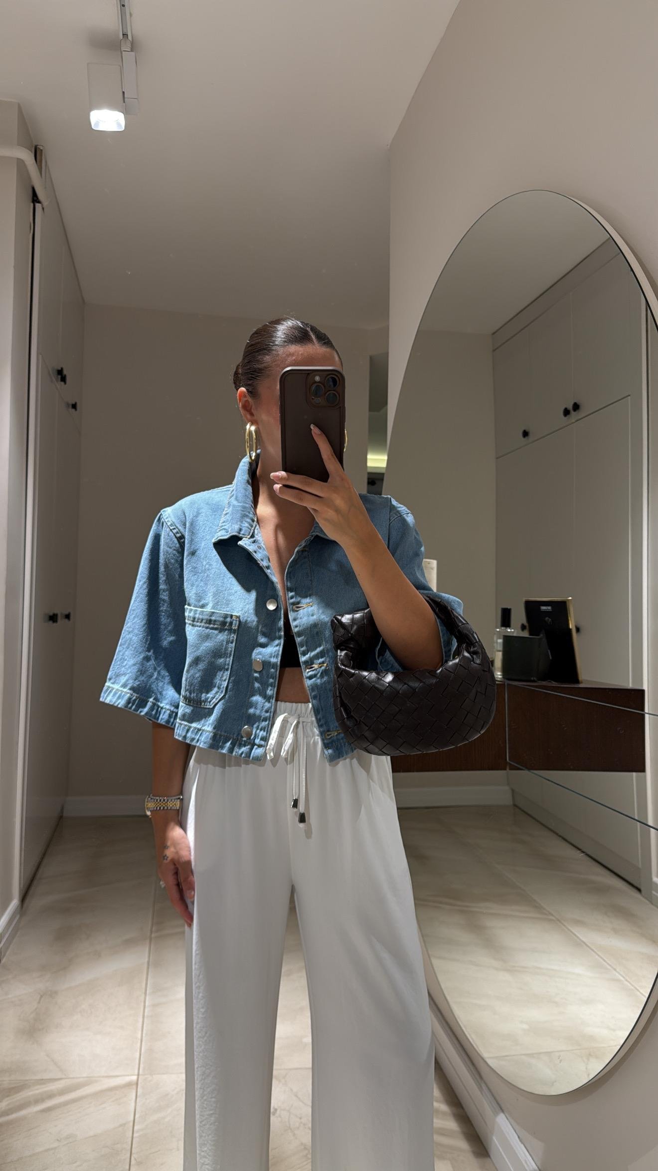 Mavi Tek Cepli Crop Jean Gömlek