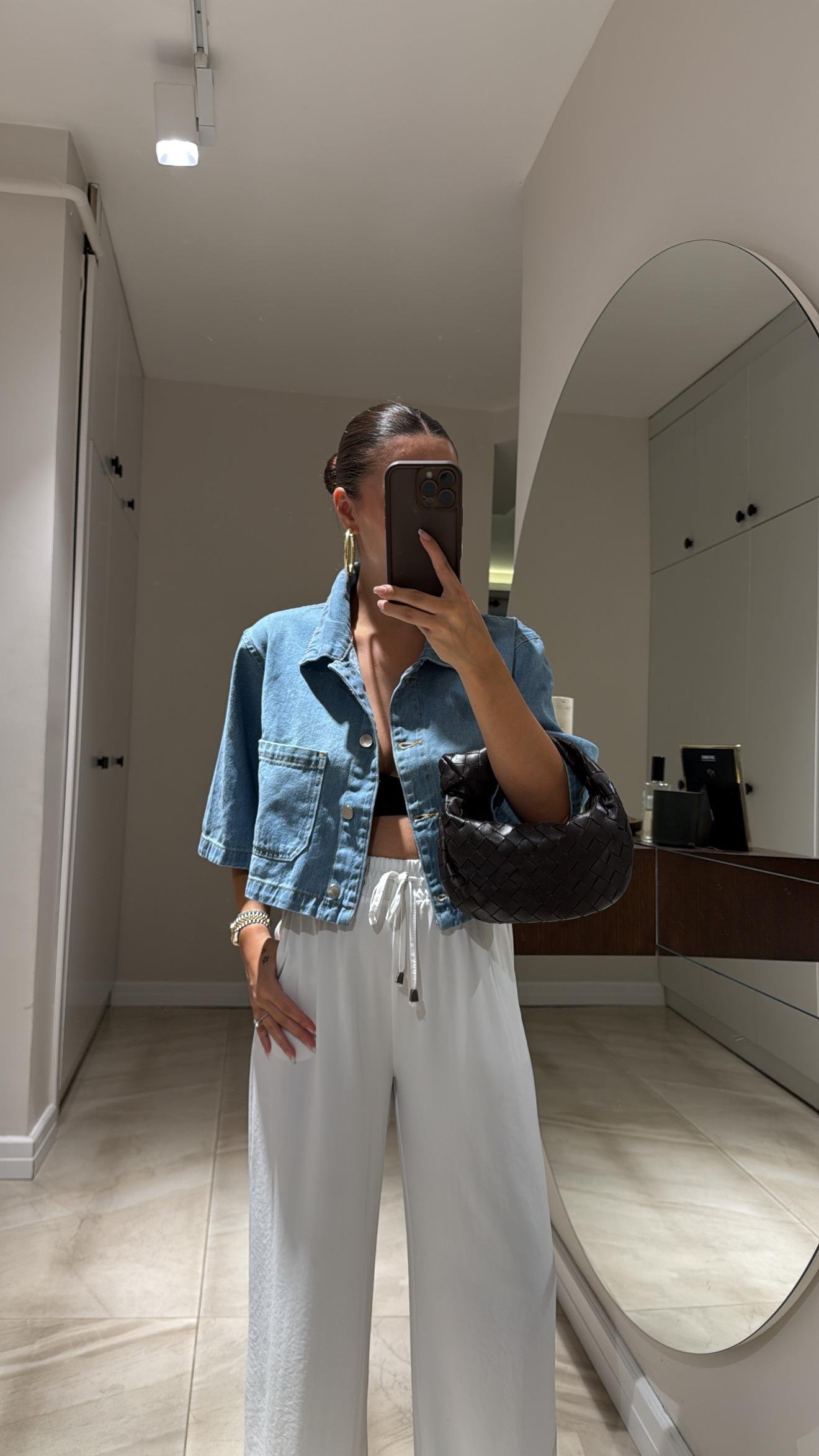 Mavi Tek Cepli Crop Jean Gömlek