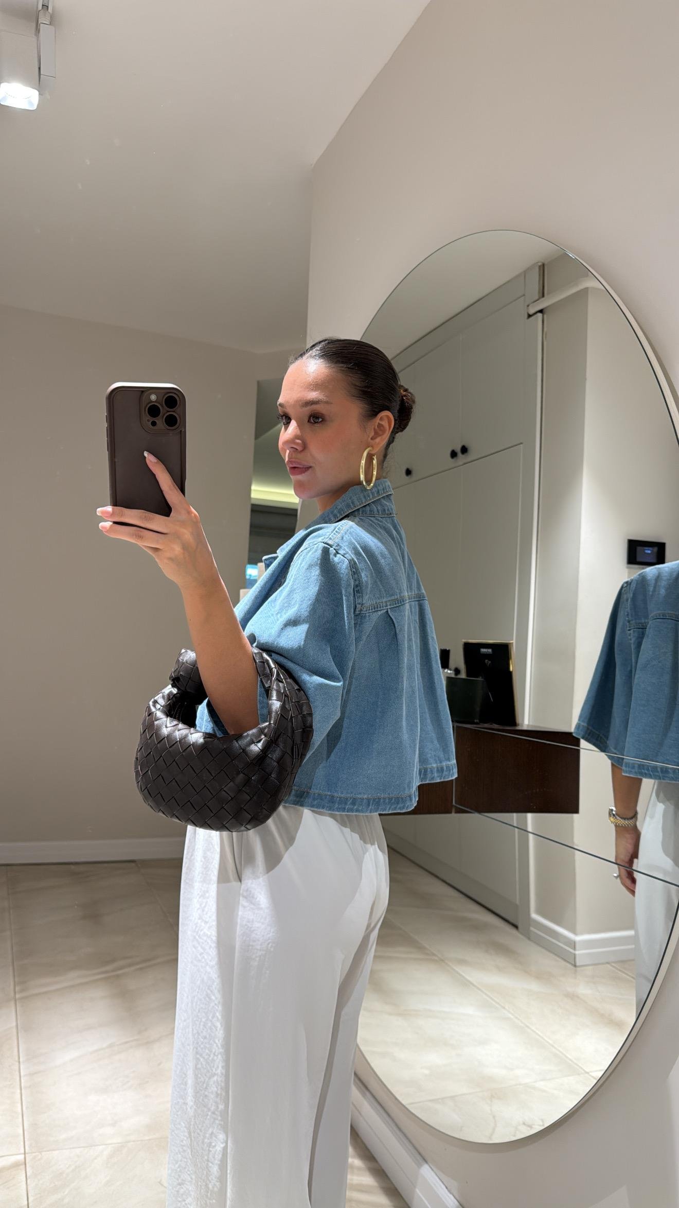 Mavi Tek Cepli Crop Jean Gömlek