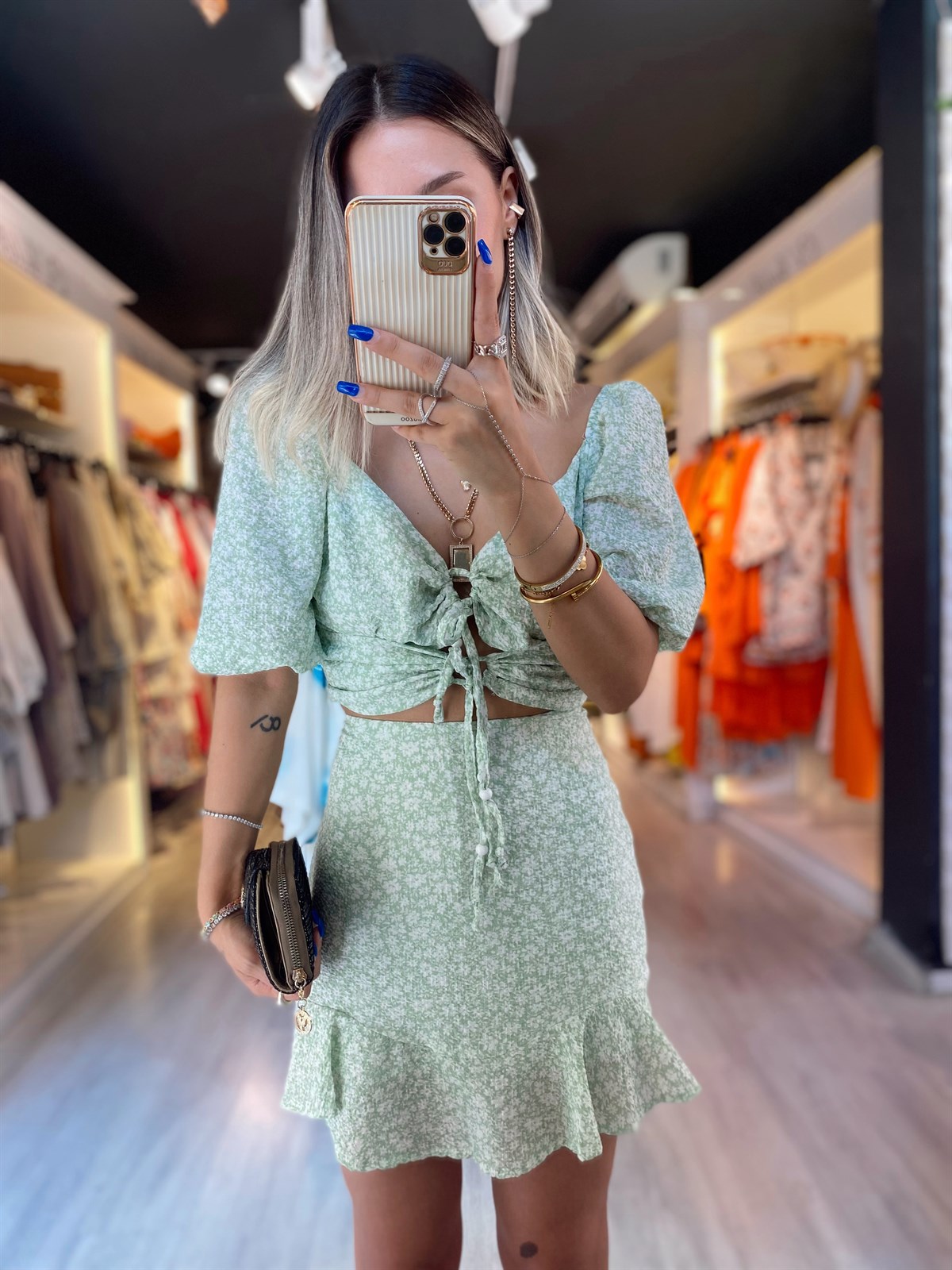 Mint Yeşil Çiçek Desenli Volanlı Şort Etek