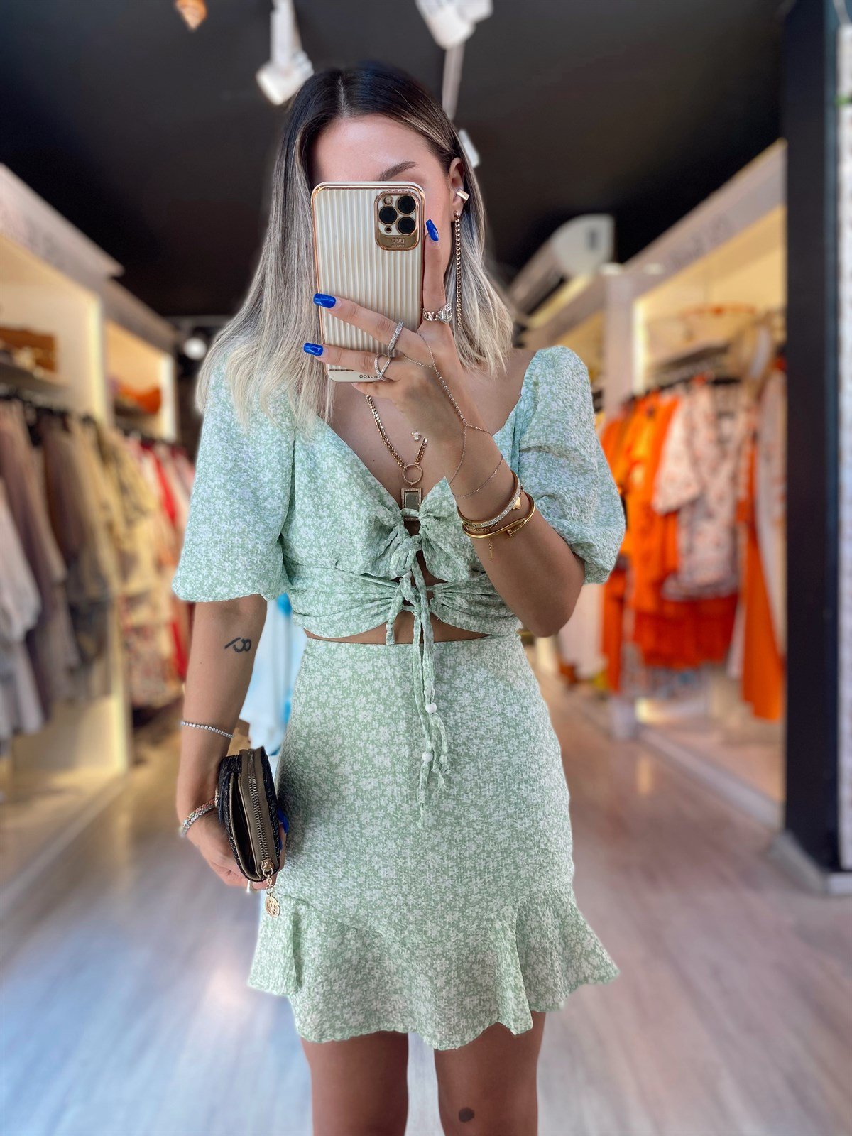 Mint Yeşil Çiçek Desenli Volanlı Şort Etek