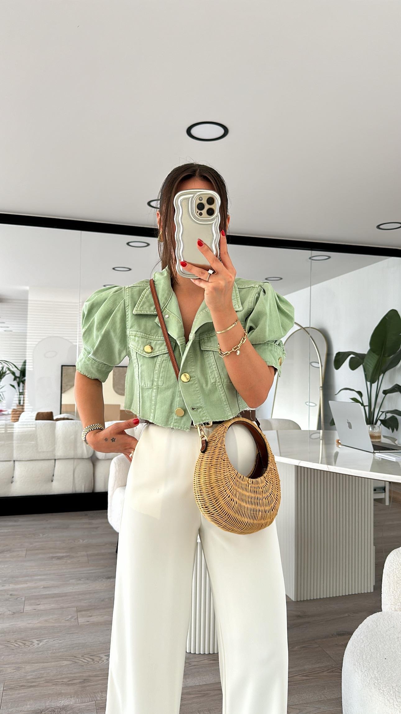 Mint Yeşili Balon Kol Crop Jean Ceket 