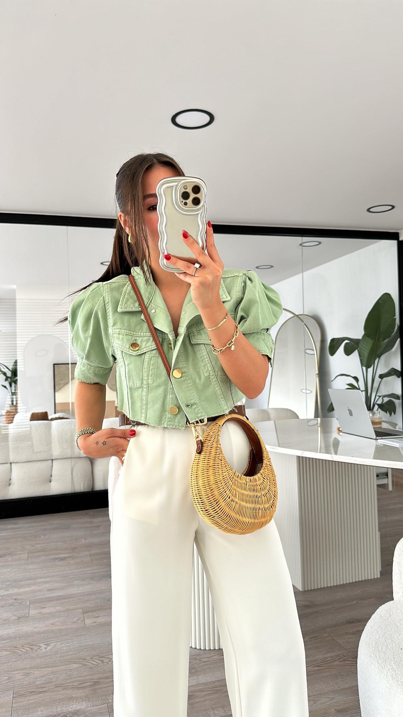 Mint Yeşili Balon Kol Crop Jean Ceket 