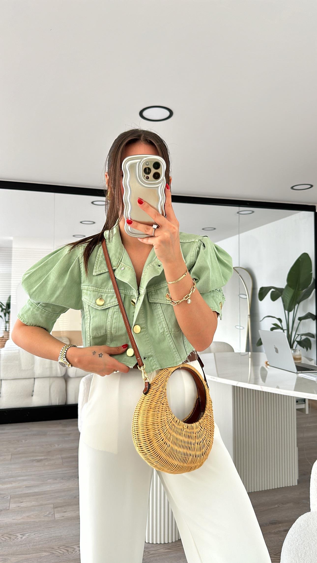 Mint Yeşili Balon Kol Crop Jean Ceket 