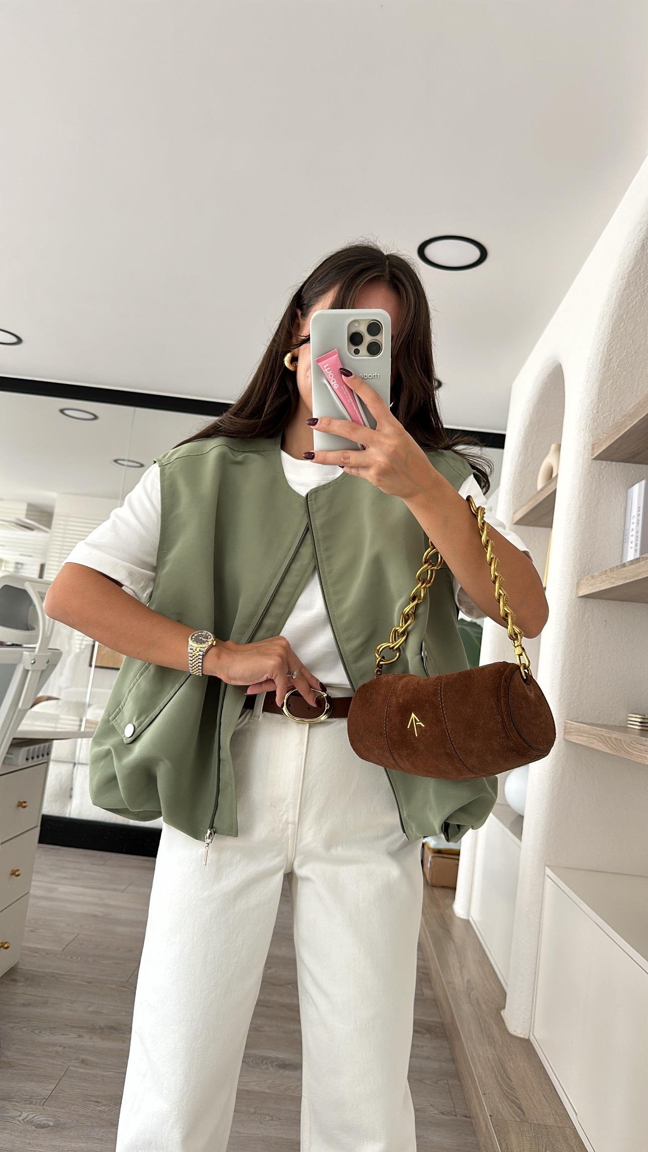 Mint Yeşili Cep Detaylı Pileli Bomber Yelek