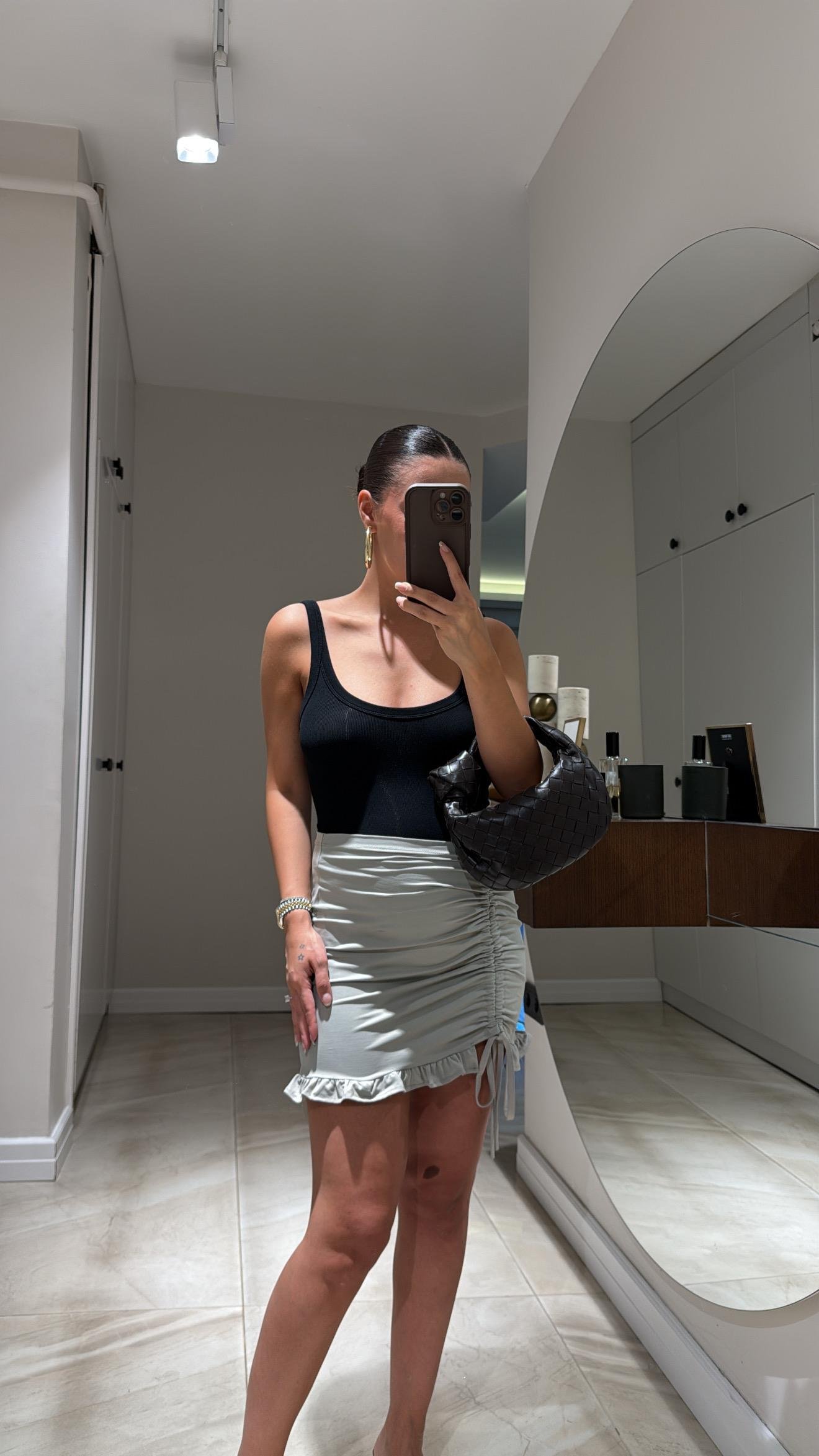 Mint Yeşili Ön Büzgü Detaylı Fırfırlı Mini Etek