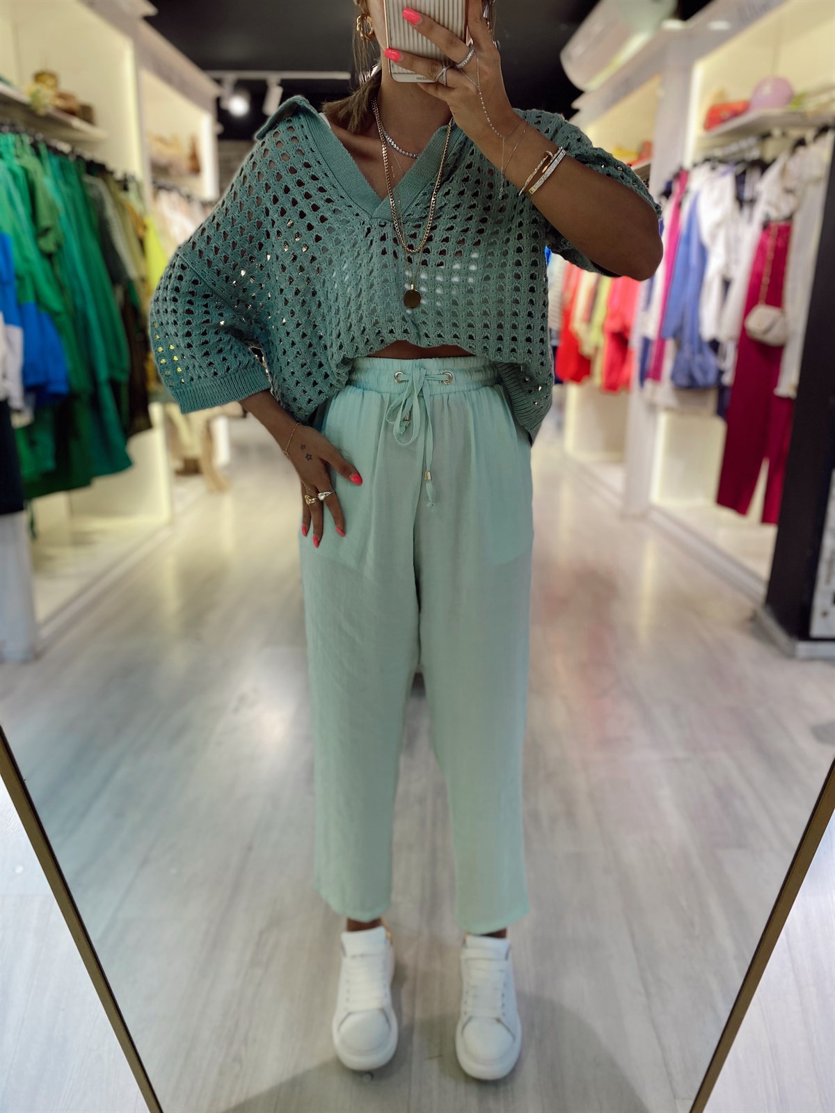 Mint Yeşili Tensel Kumaş Duz Paça Pantolon