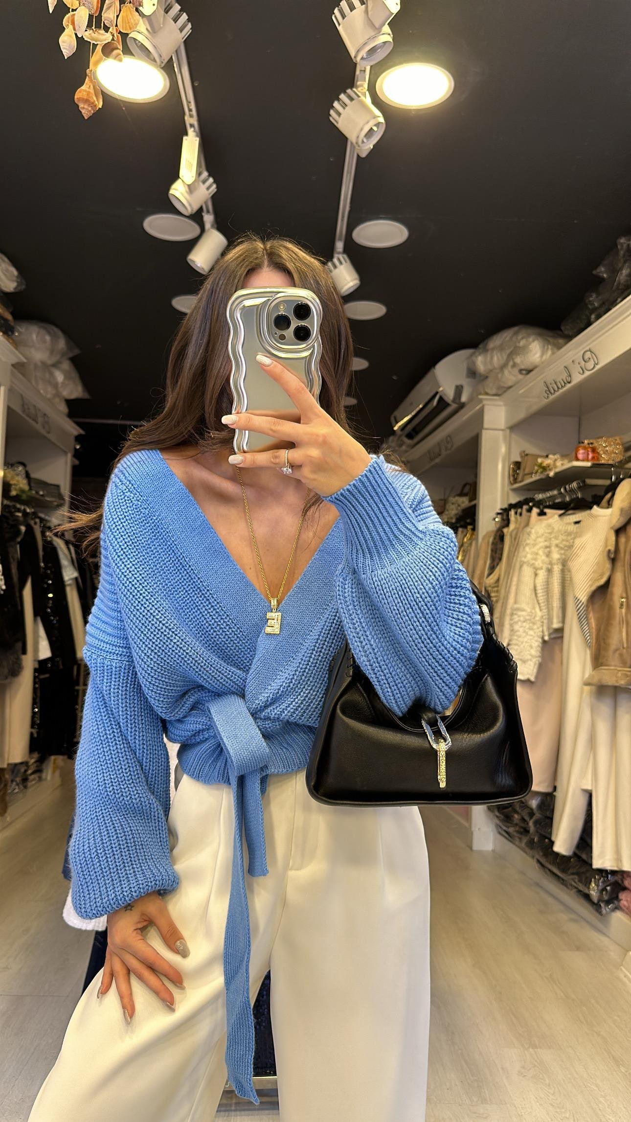 Mavi Bağlama Detaylı Hırka 