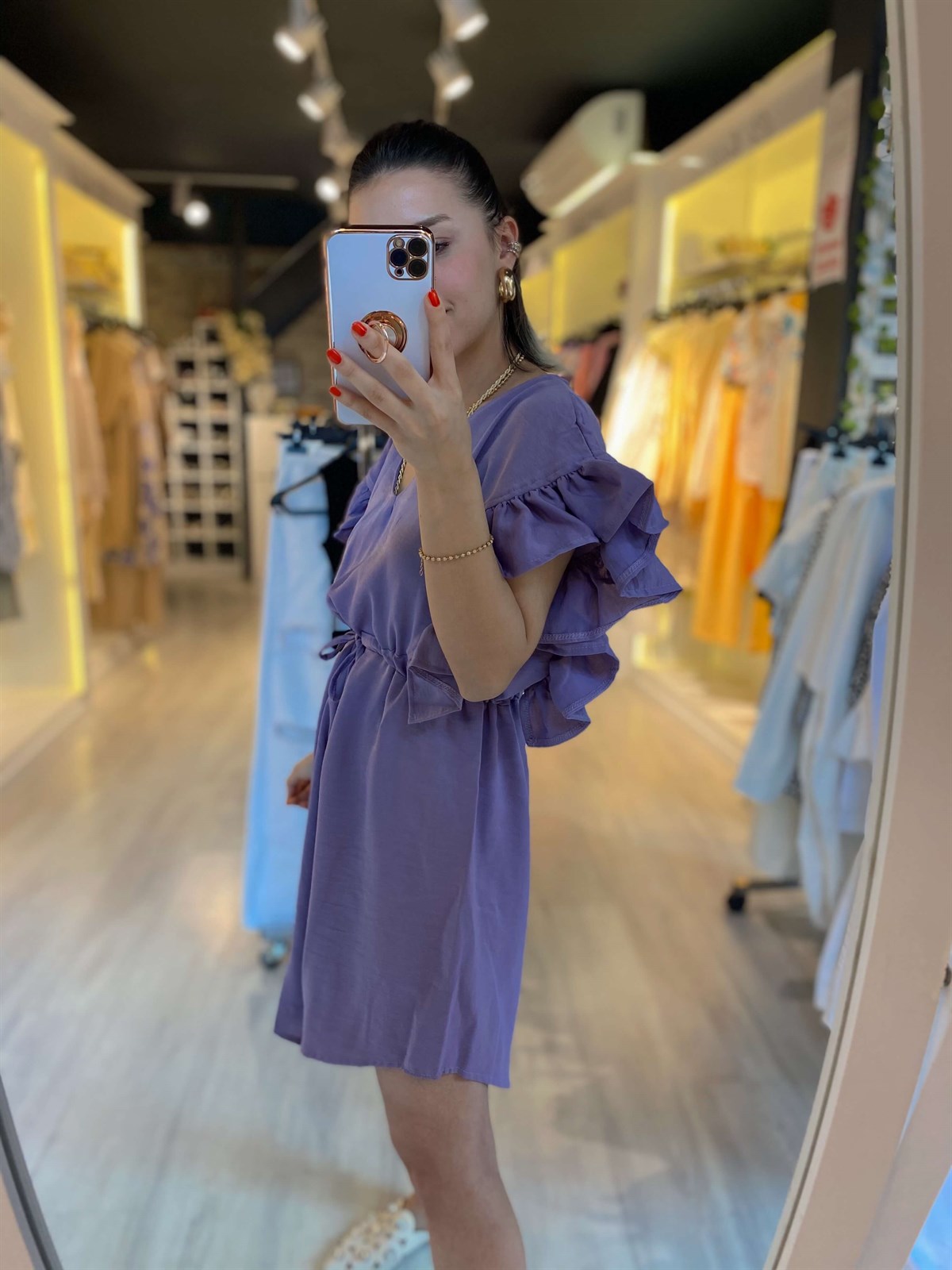Mor Renk Fırfırlı Saten Tulum