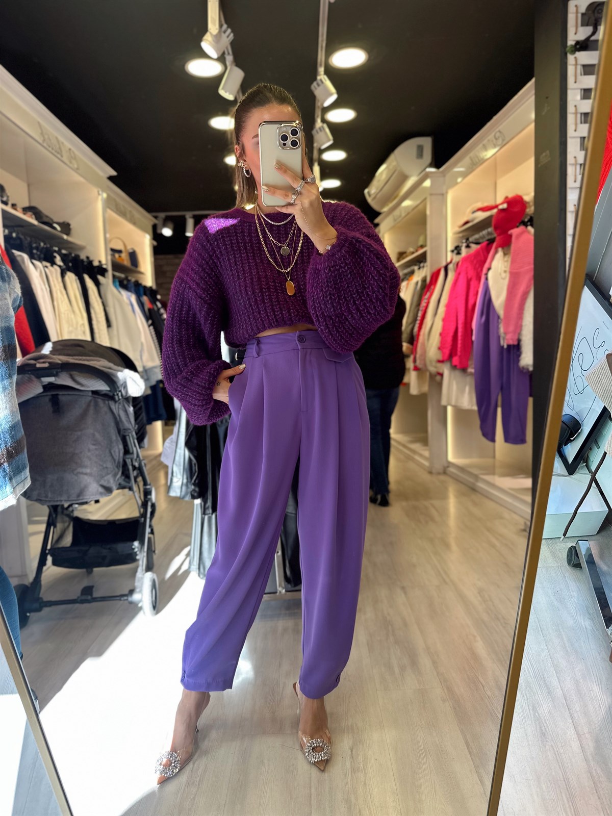 Mor Renk Paça Düğmeli Şalvar Pantolon