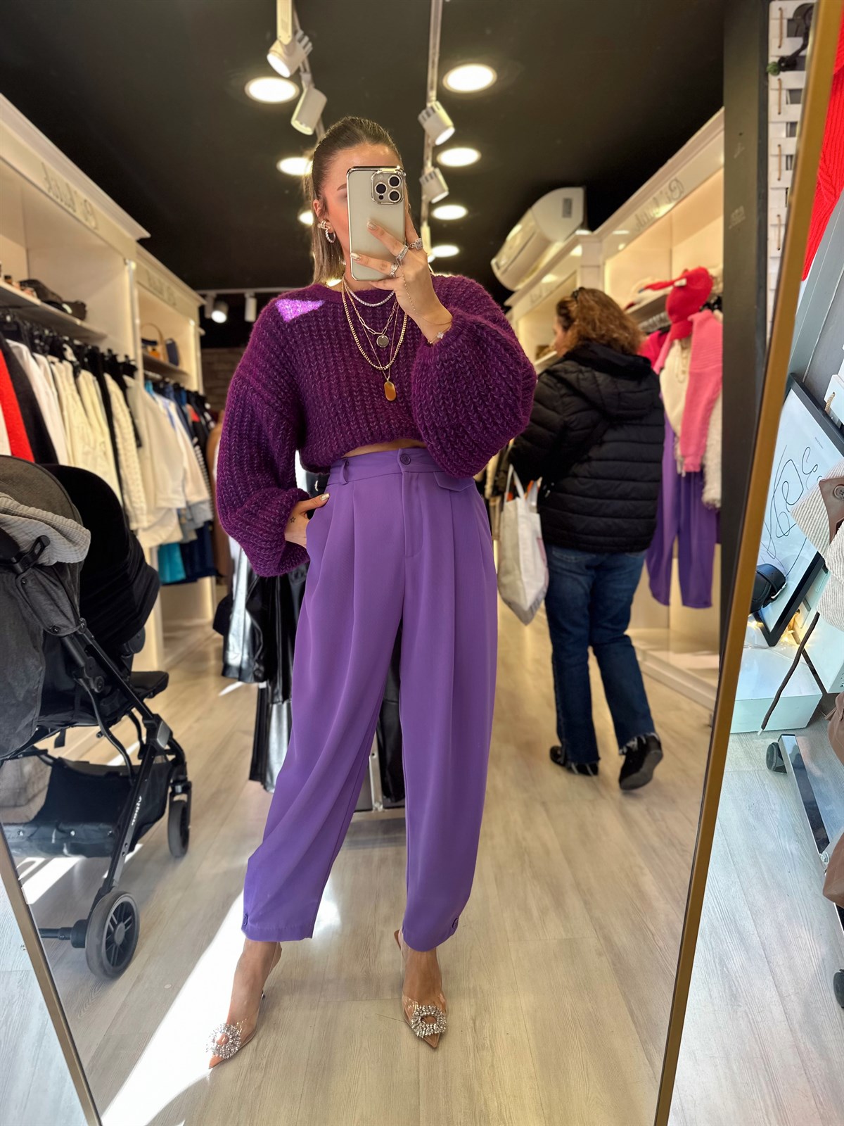 Mor Renk Paça Düğmeli Şalvar Pantolon