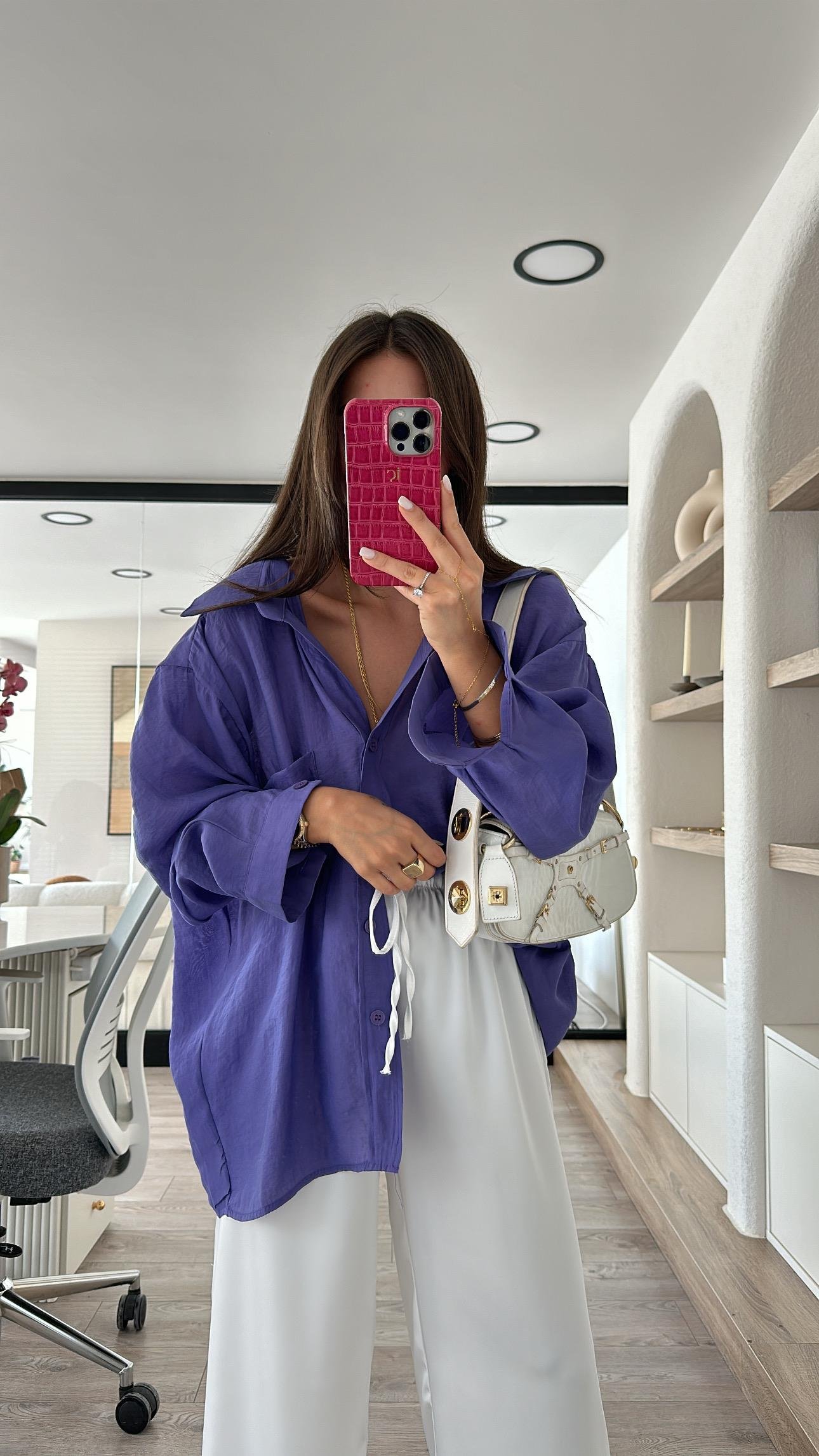 Mor Tensel Kumaş Düşük Omuzlu Oversize Gömlek