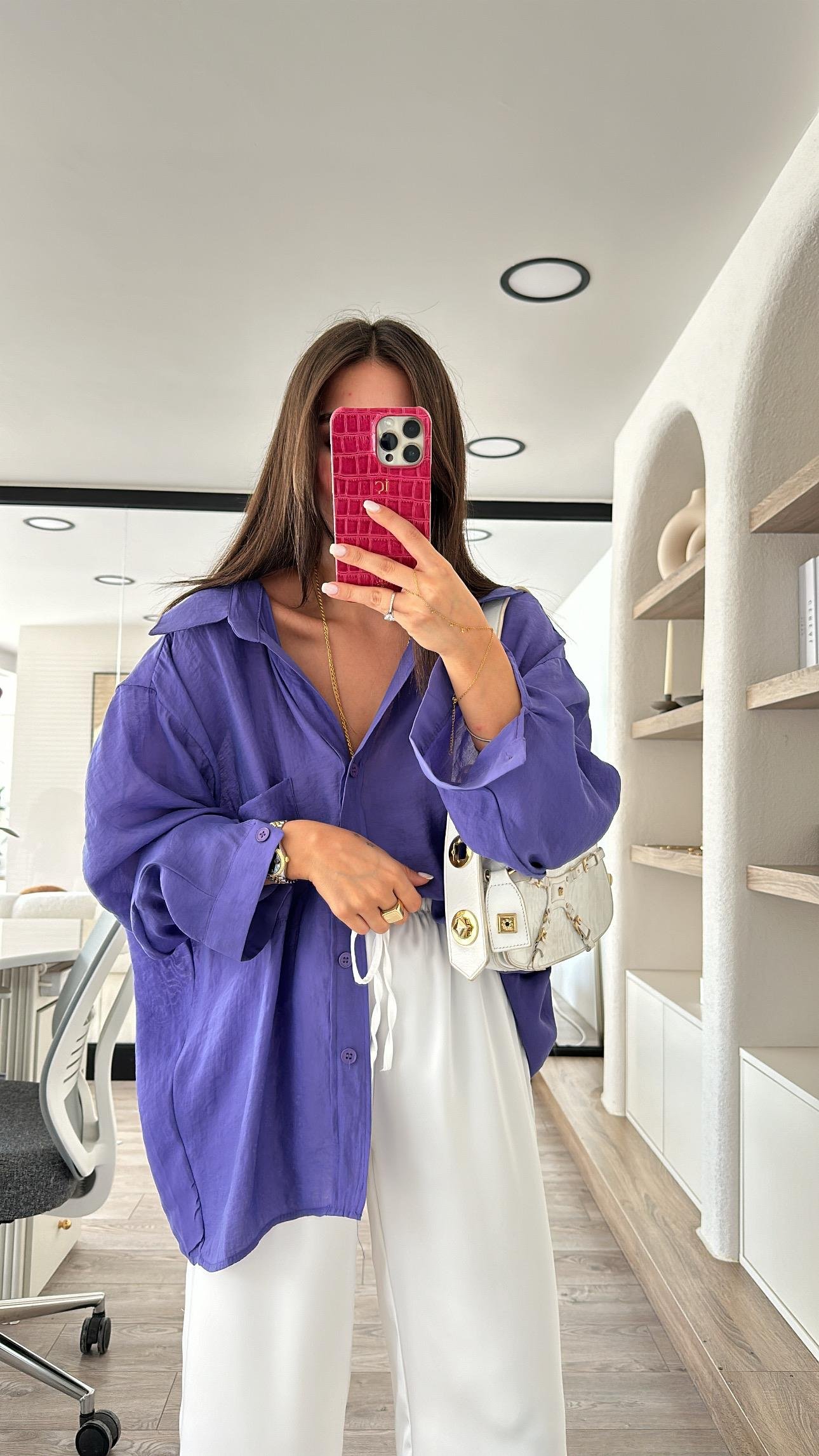 Mor Tensel Kumaş Düşük Omuzlu Oversize Gömlek