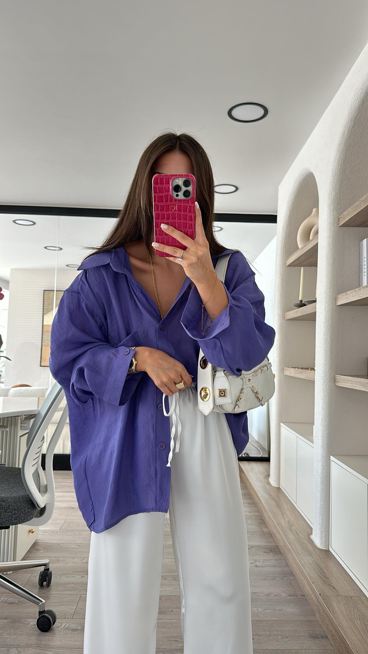 Mor Tensel Kumaş Düşük Omuzlu Oversize Gömlek