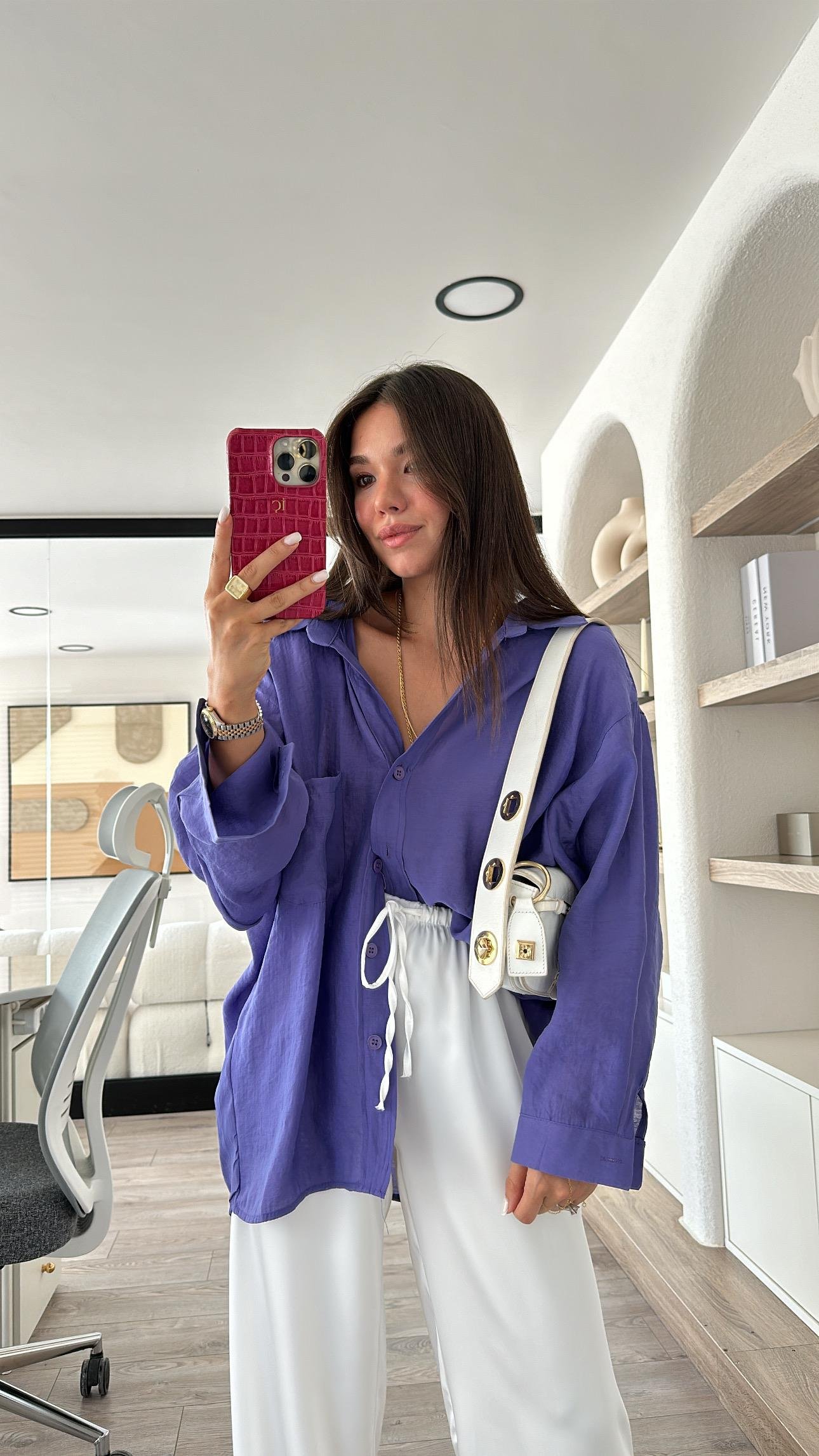 Mor Tensel Kumaş Düşük Omuzlu Oversize Gömlek