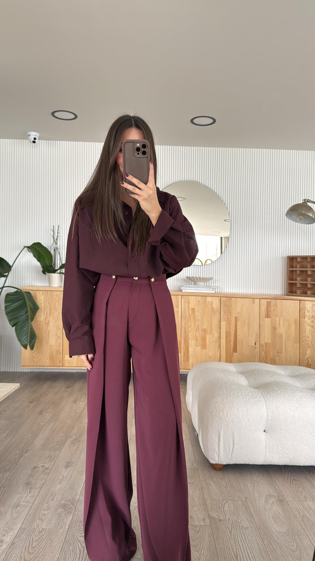 Mürdüm Gold Düğmeli Krep Kumaş Palazzo Pantolon