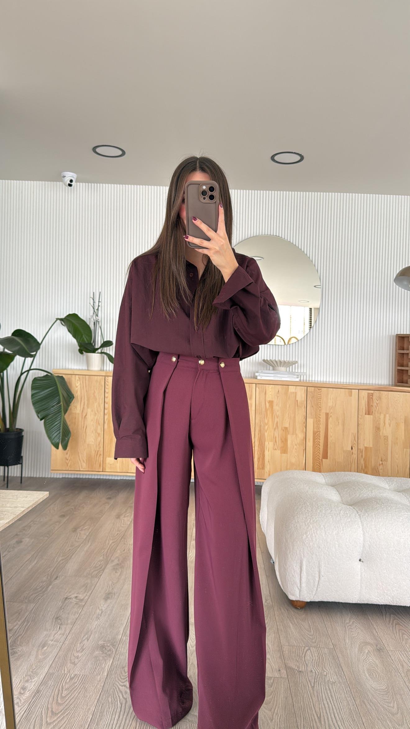 Mürdüm Gold Düğmeli Krep Kumaş Palazzo Pantolon