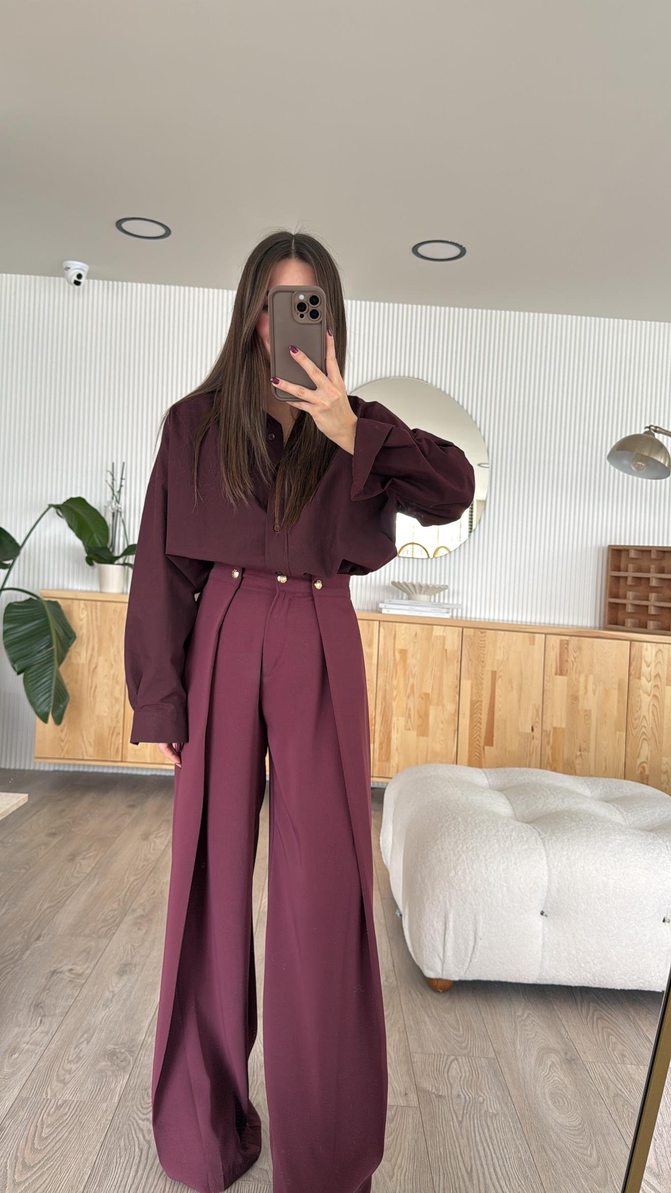 Mürdüm Gold Düğmeli Krep Kumaş Palazzo Pantolon