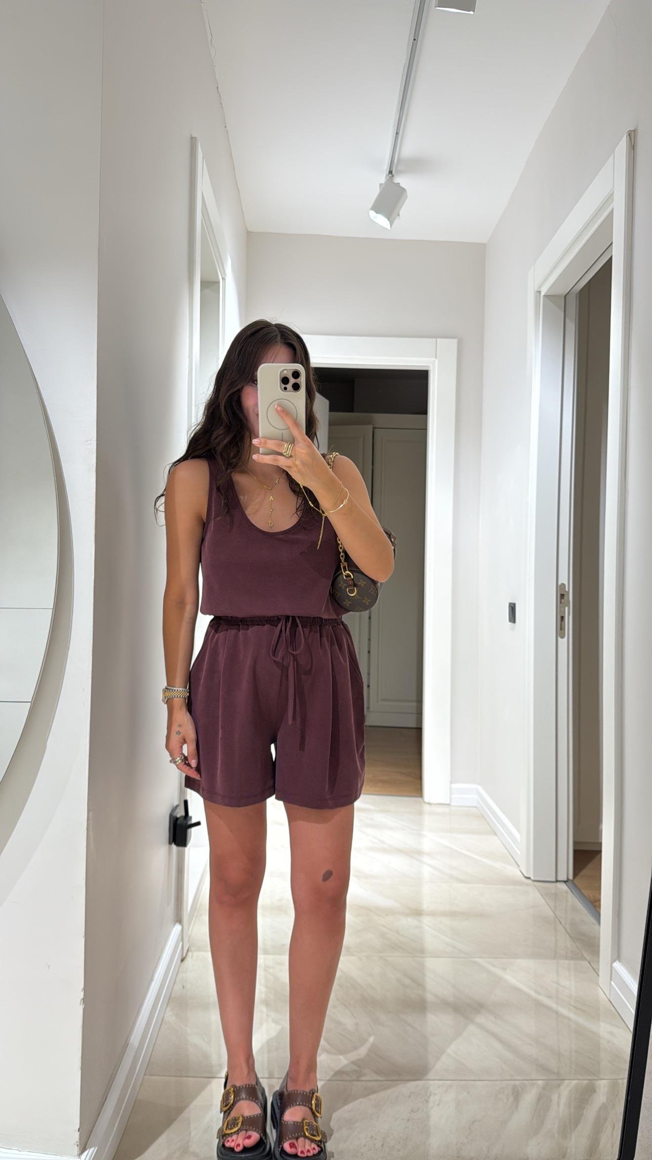 Mürdüm Kalın Askılı Şort Takım