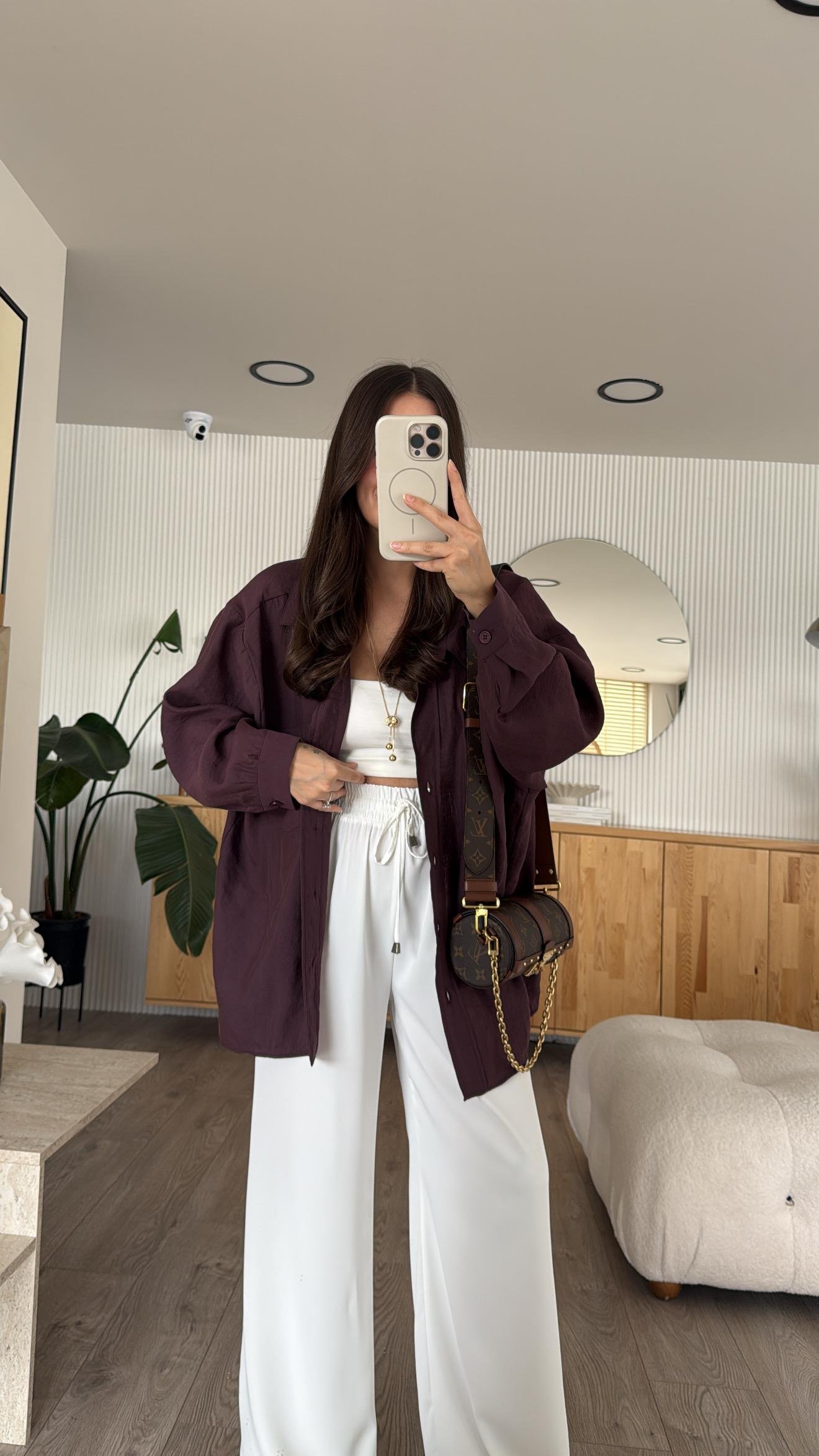 Mürdüm Tensel Kumaş Düşük Omuzlu Oversize Gömlek