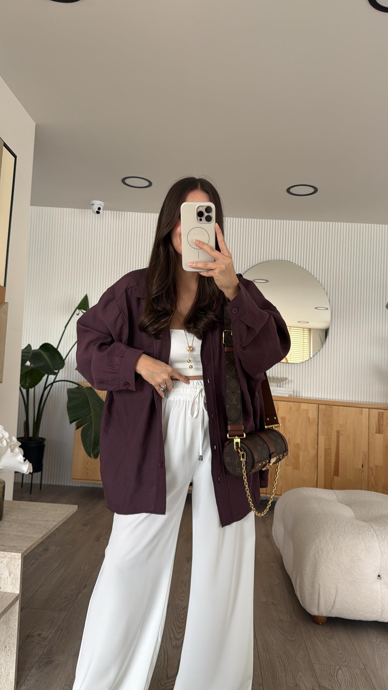 Mürdüm Tensel Kumaş Düşük Omuzlu Oversize Gömlek