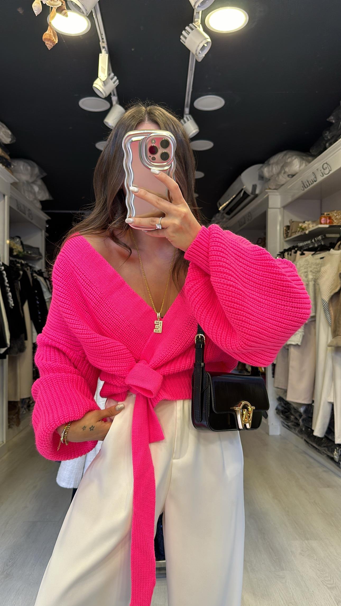 Neon Pembe Bağlama Detaylı Hırka 