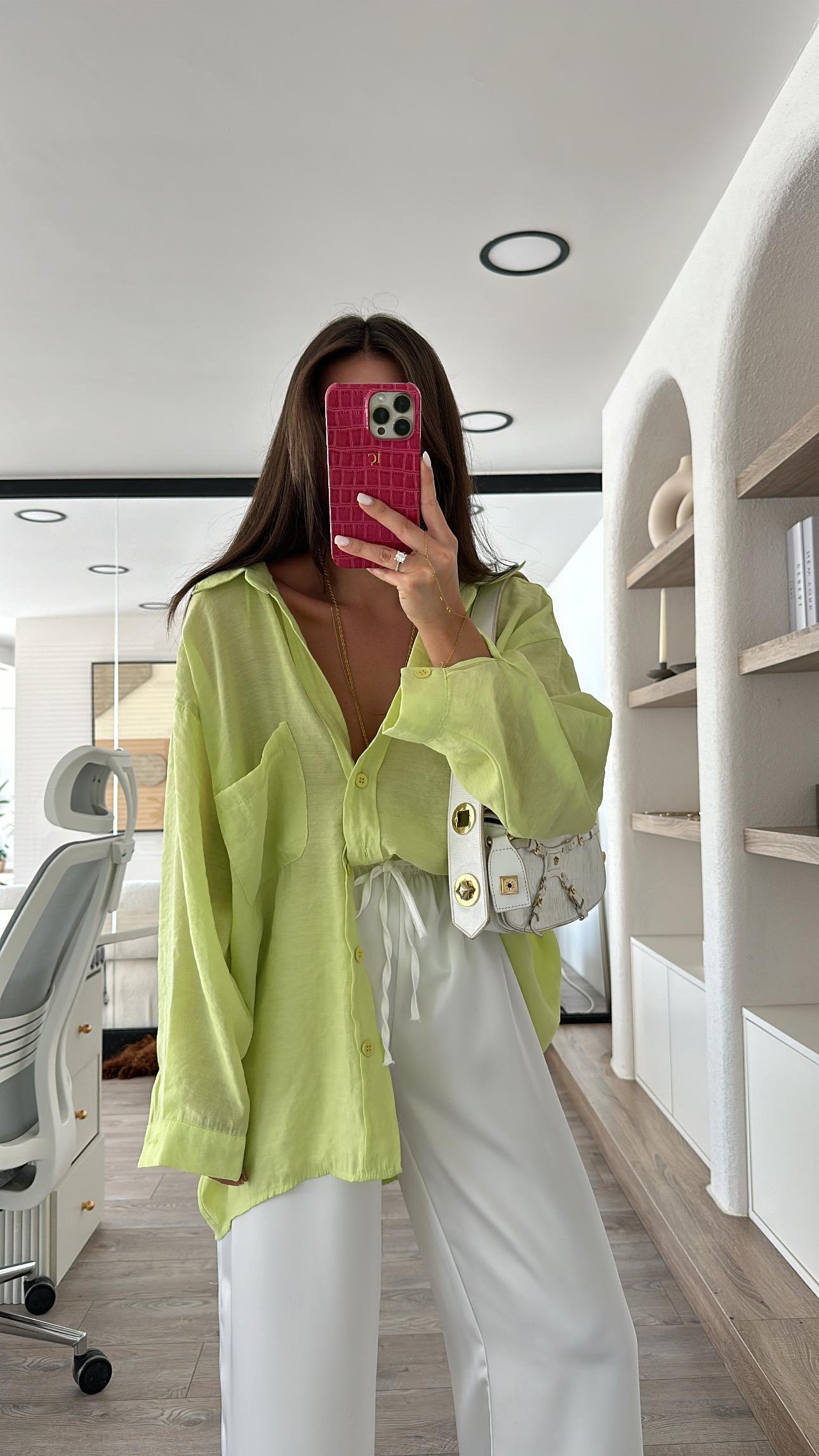 Neon Sarı Tensel Kumaş Düşük Omuzlu Oversize Gömlek