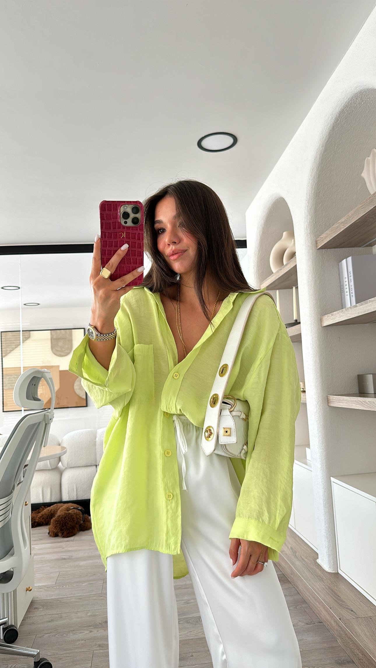 Neon Sarı Tensel Kumaş Düşük Omuzlu Oversize Gömlek