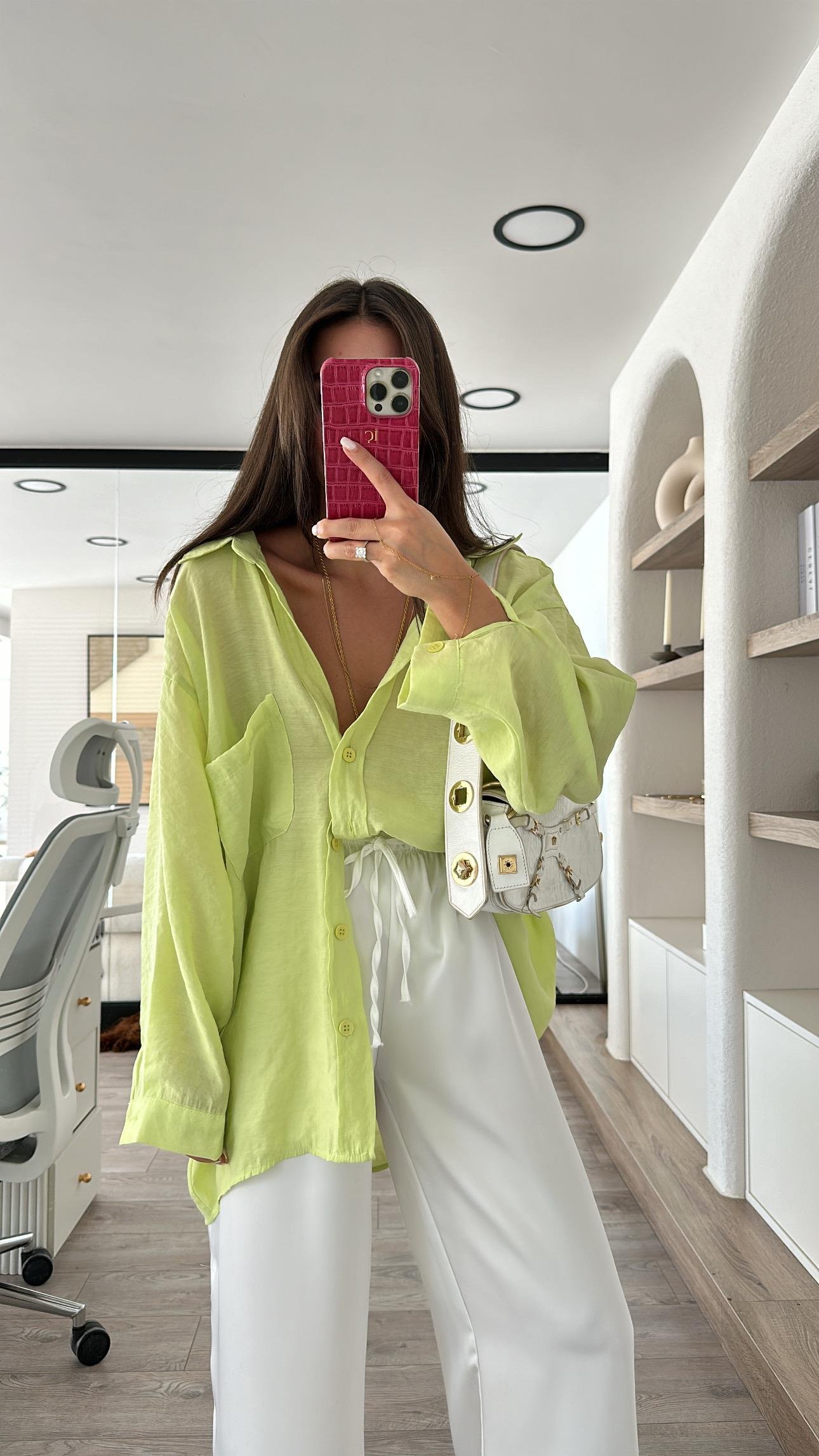 Neon Sarı Tensel Kumaş Düşük Omuzlu Oversize Gömlek