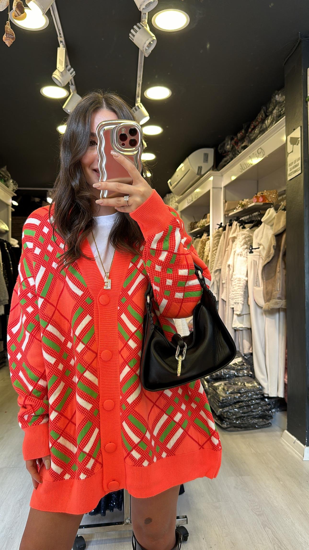 Neon Turucu Geometrik Düğmeli Hırka