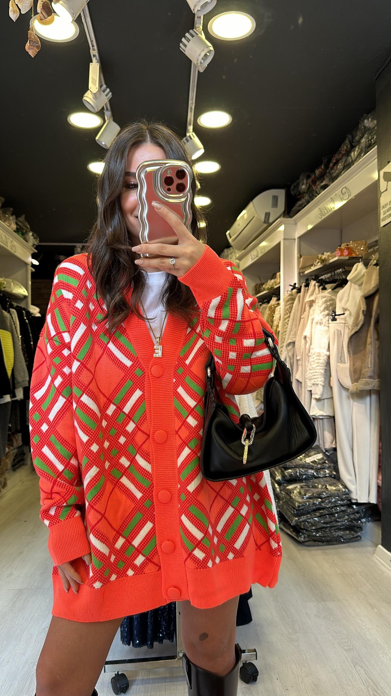 Neon Turucu Geometrik Düğmeli Hırka