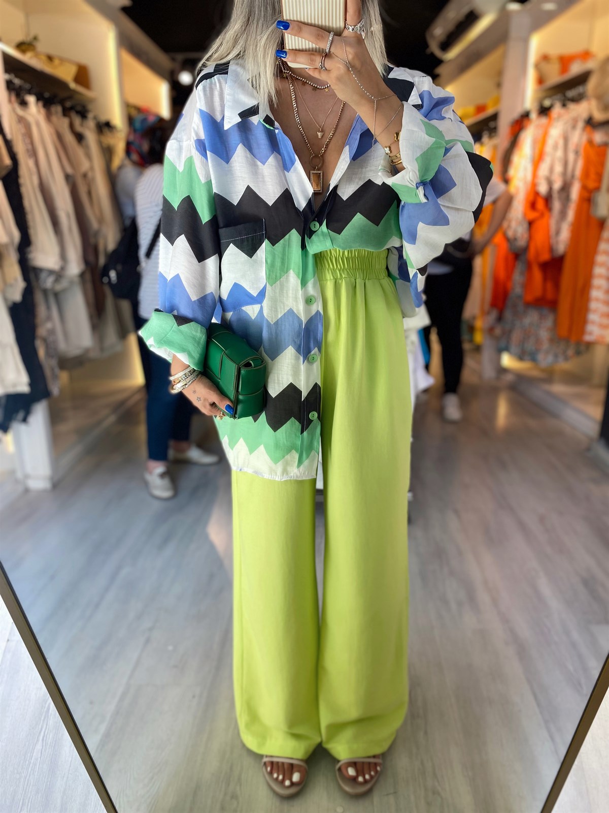 Neon Yeşil Beli Lastikli Bol Paça Pantolon