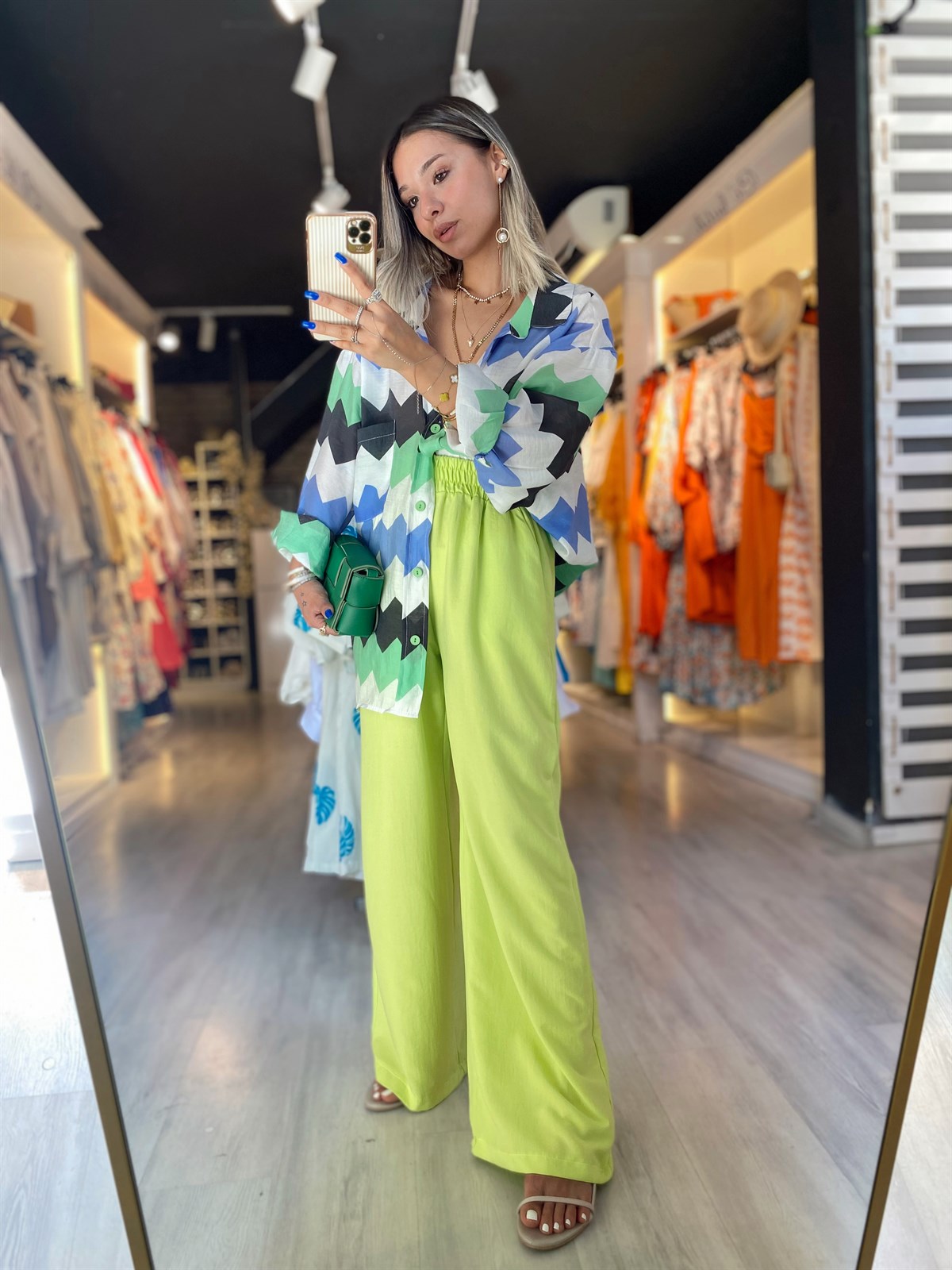 Neon Yeşil Beli Lastikli Bol Paça Pantolon