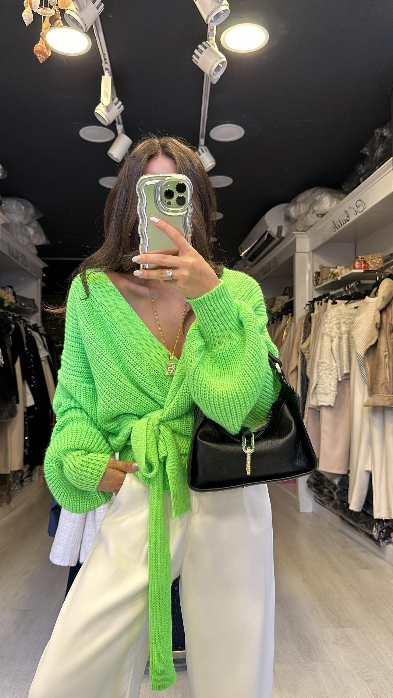 Neon Yeşil Bağlama Detaylı Hırka 