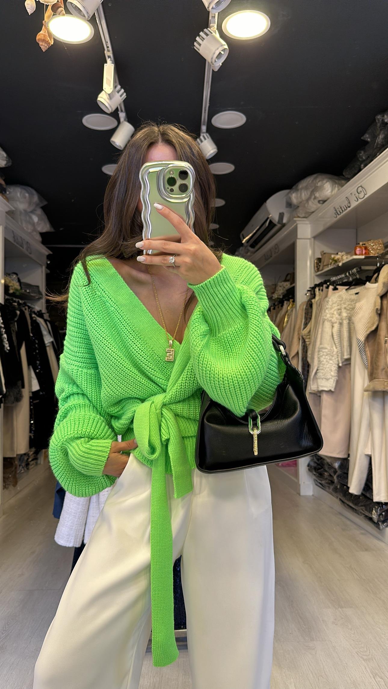 Neon Yeşil Bağlama Detaylı Hırka 