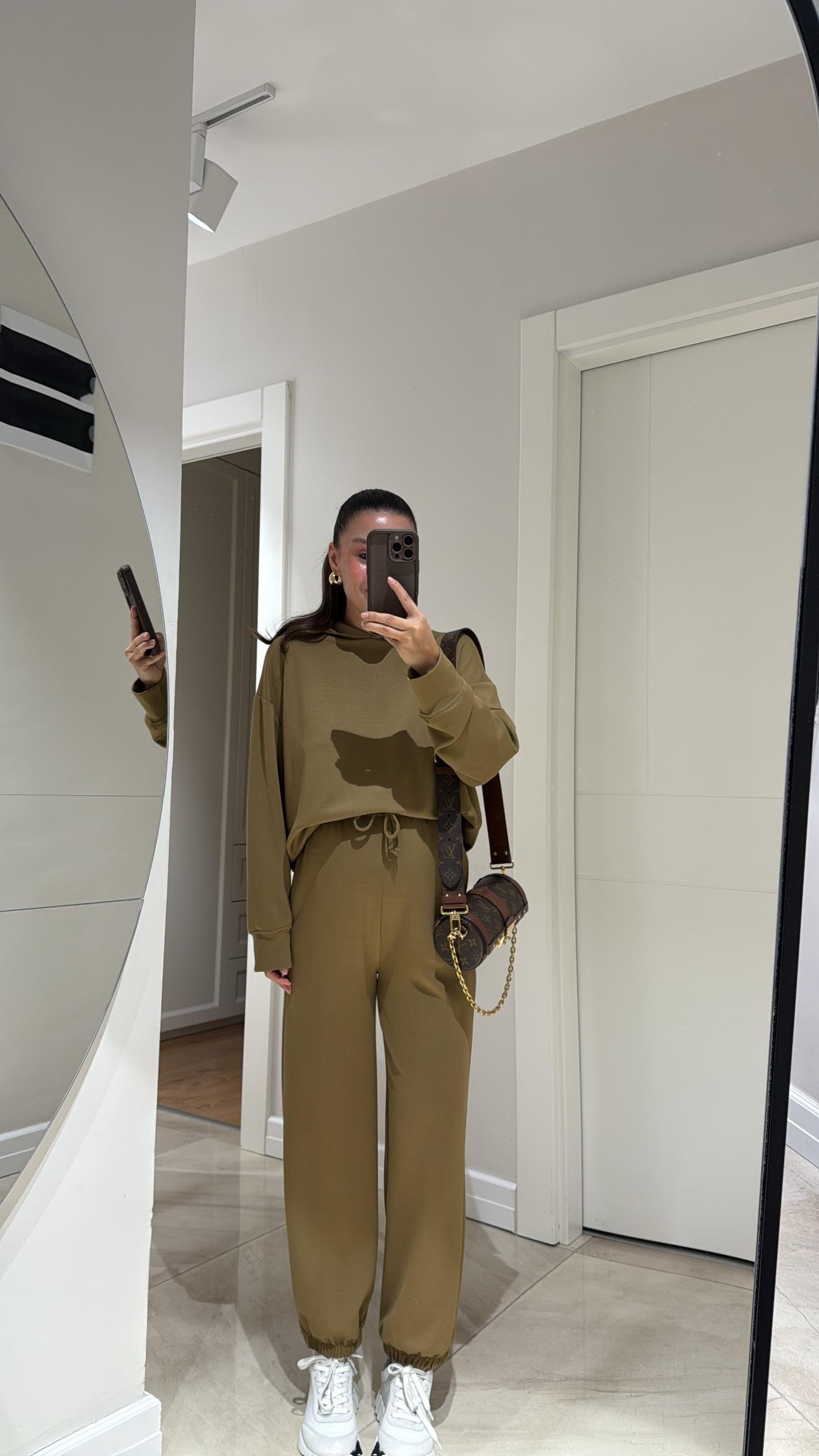 Olive Kapüşonlu Modal Sweat Pantolon Takım 