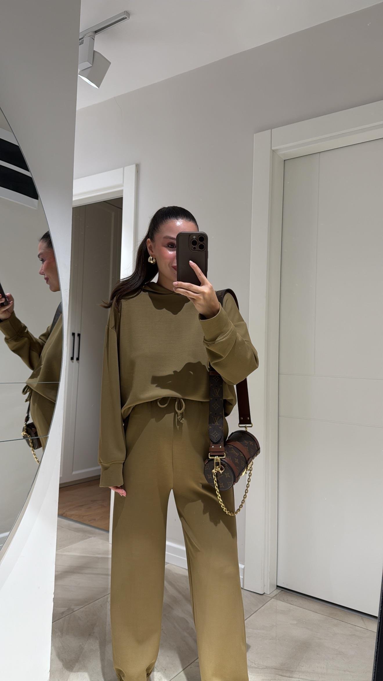 Olive Kapüşonlu Modal Sweat Pantolon Takım 
