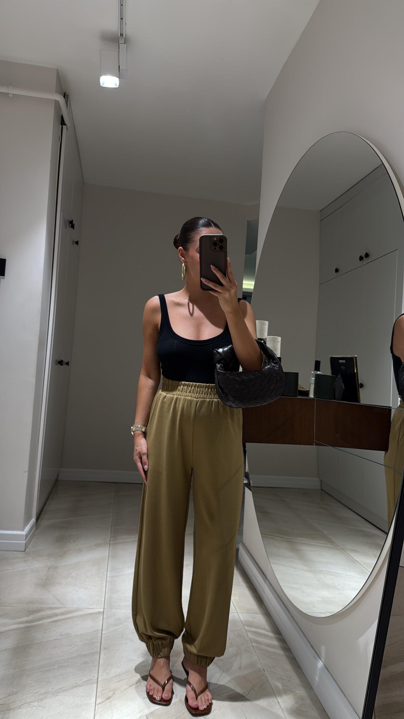 Olive Paça Lastikli Modal Pantolon 