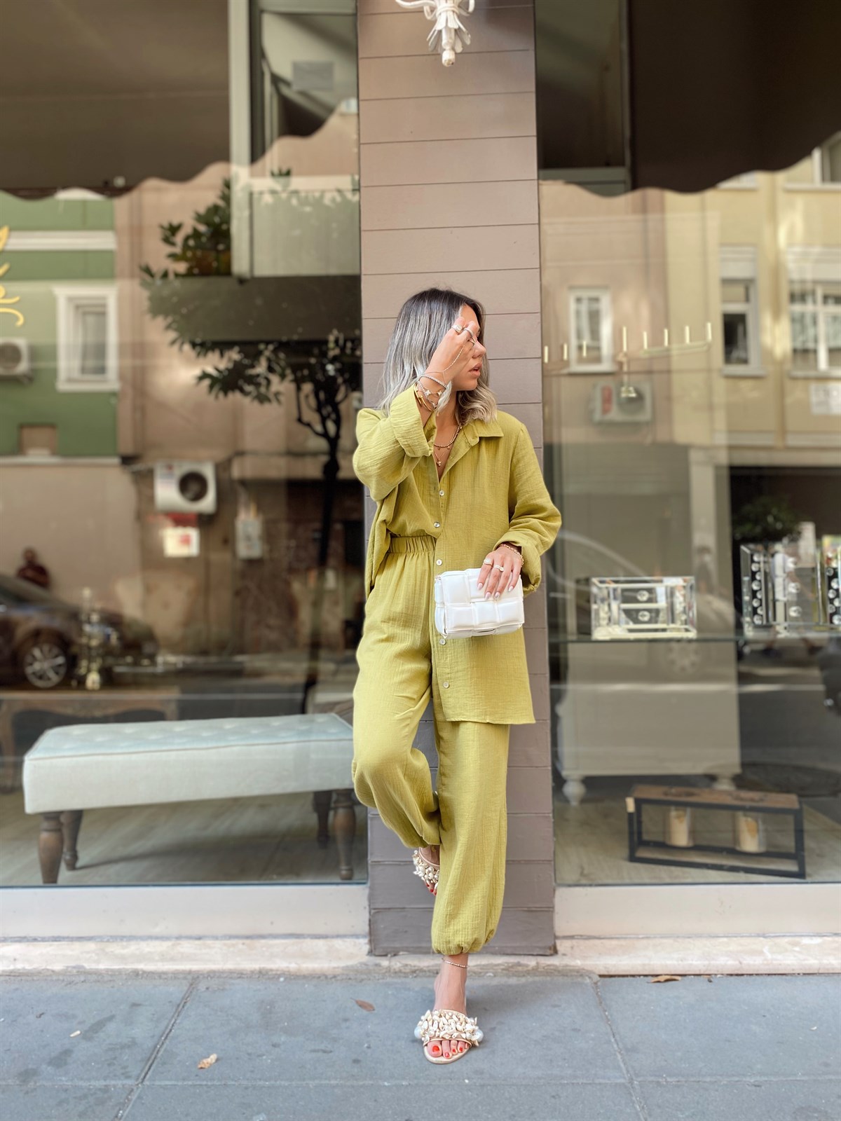 Olive Paça Lastikli Müslin Pantolon
