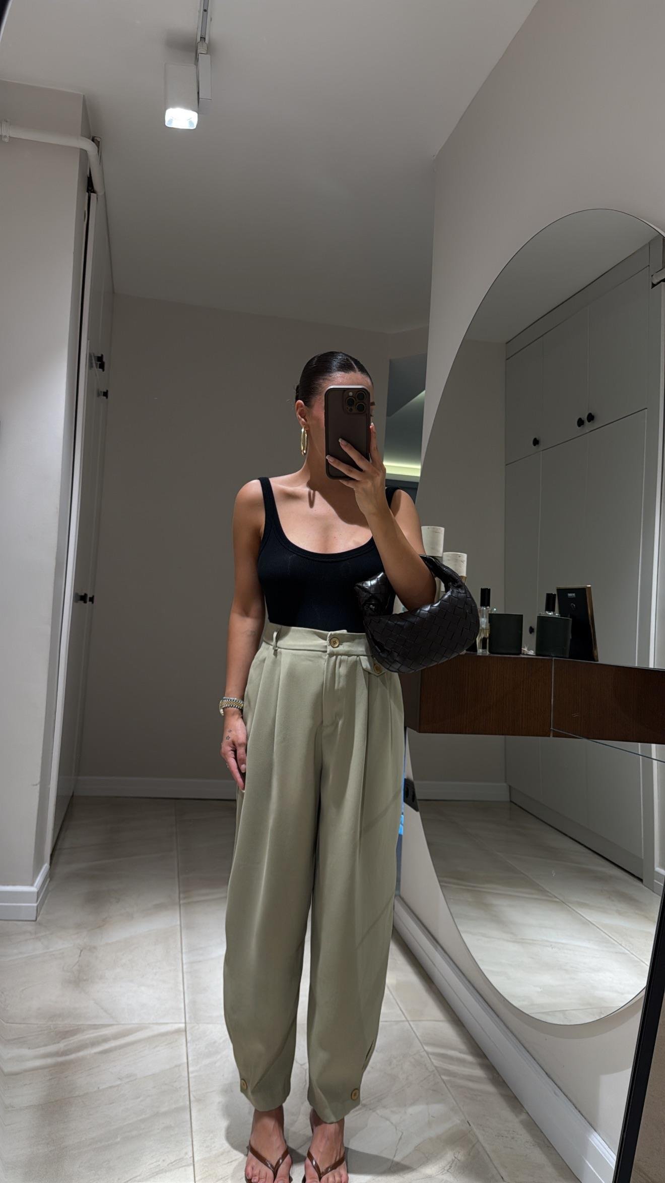 Olive Renk Paça Düğmeli Şalvar Pantolon